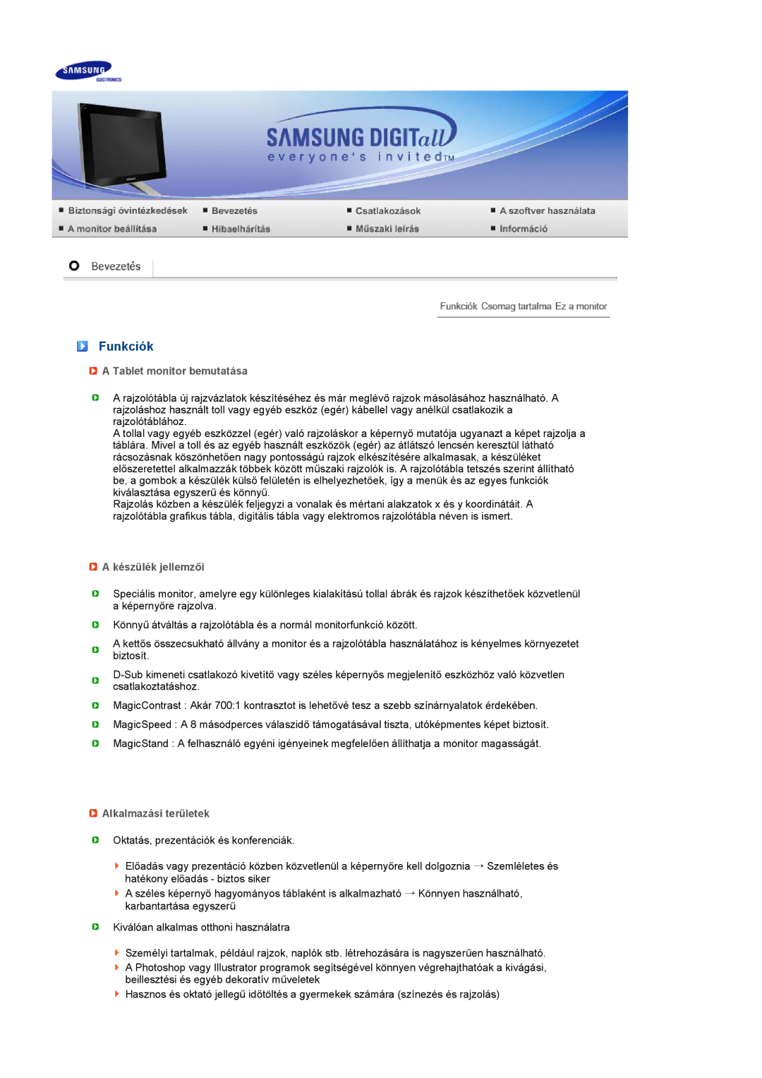 Samsung LS17TBTQSZ/EDC manual Funkciók, Tablet monitor bemutatása, Készülék jellemzői, Alkalmazási területek 