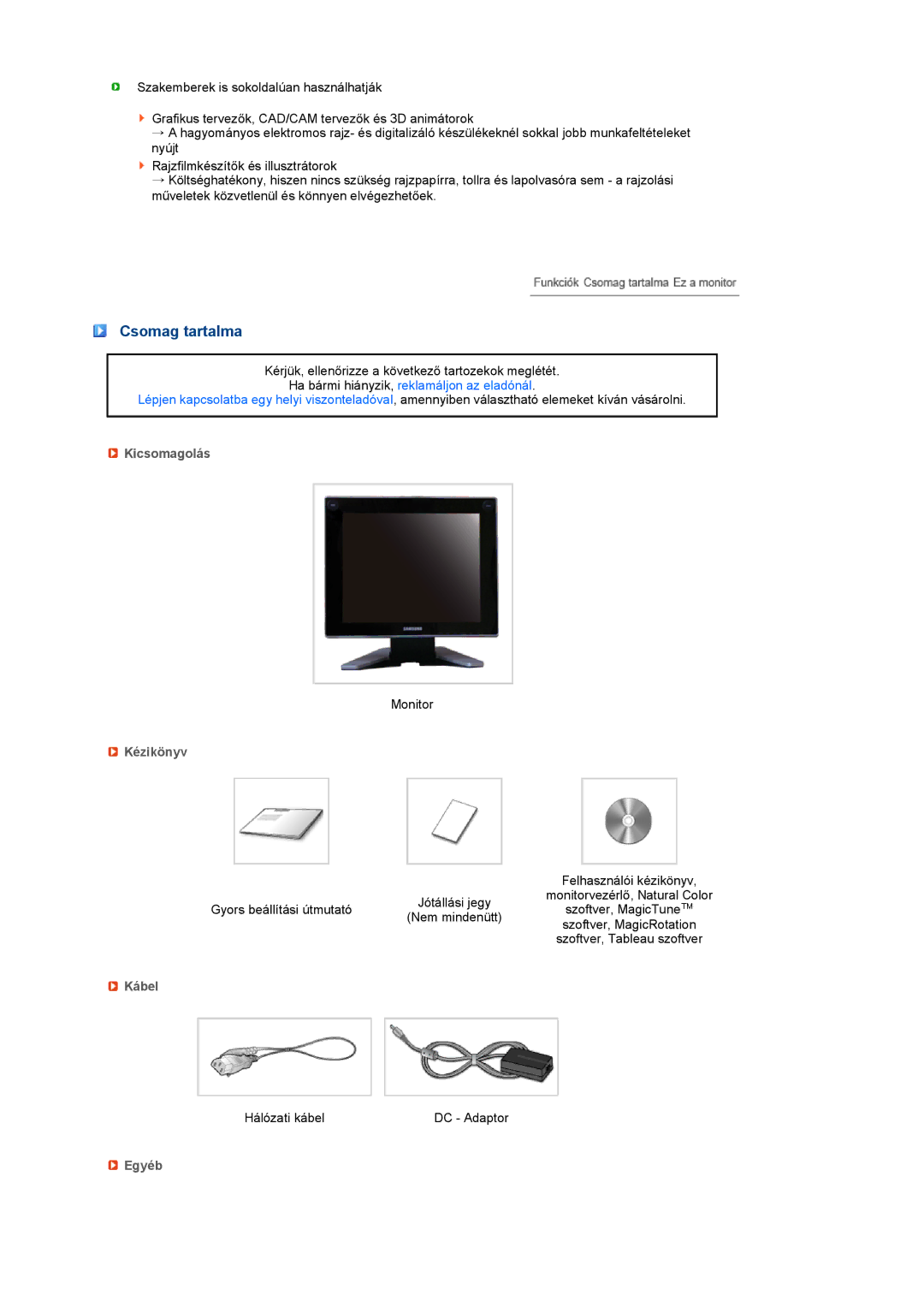 Samsung LS17TBTQSZ/EDC manual Csomag tartalma, Kicsomagolás, Kézikönyv, Kábel, Egyéb 