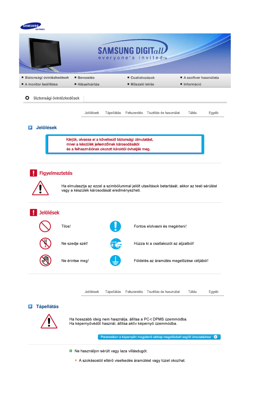 Samsung LS17TBTQSZ/EDC manual Jelölések, Tápellátás 