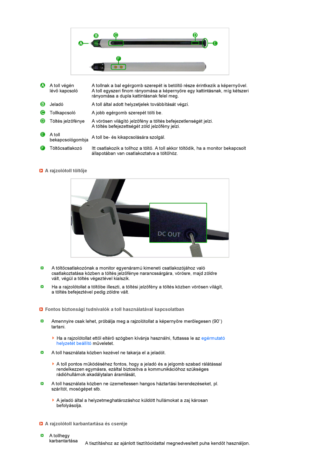 Samsung LS17TBTQSZ/EDC manual Rajzolótoll töltője, Rajzolótoll karbantartása és cseréje 