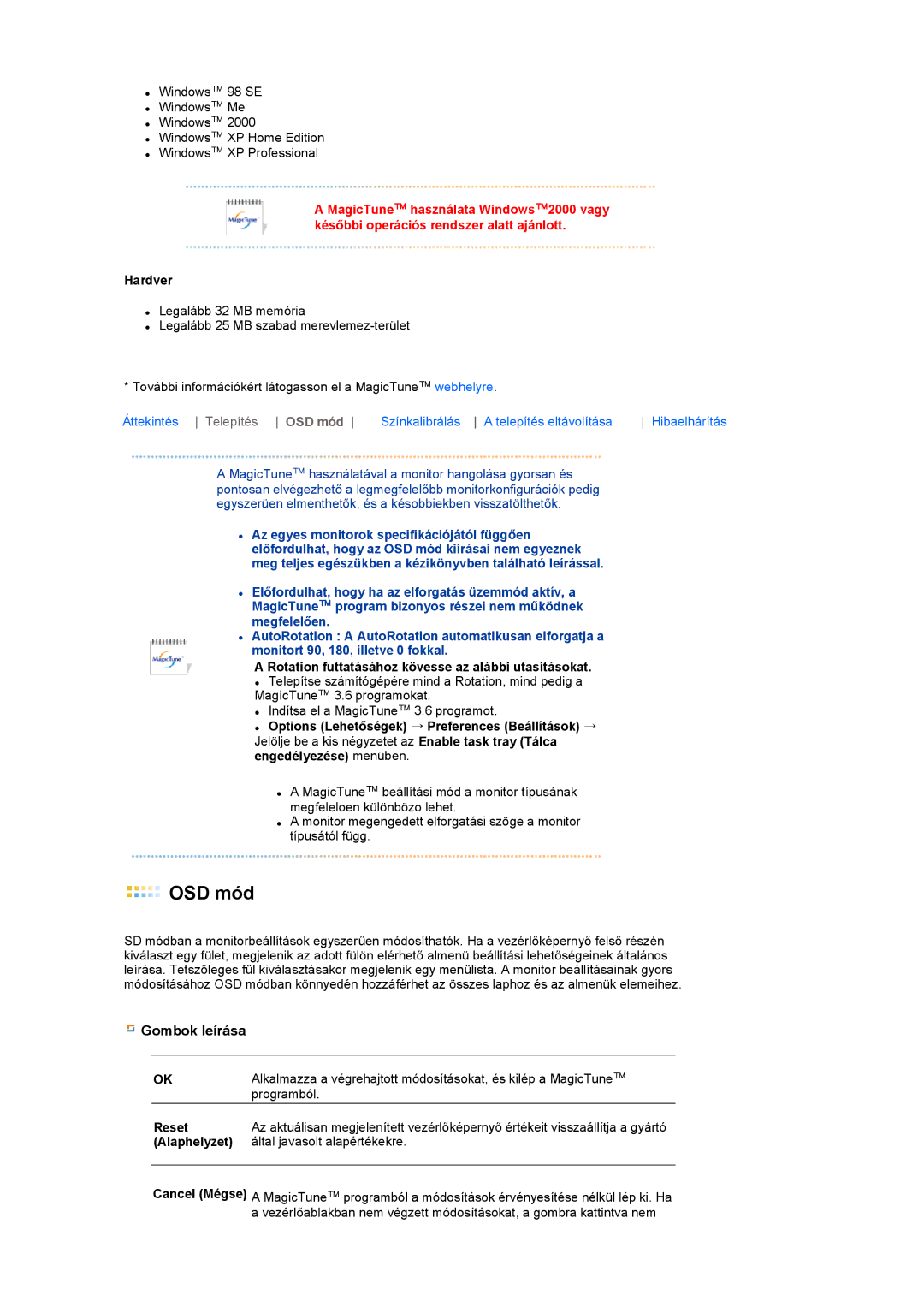 Samsung LS17TBTQSZ/EDC manual OSD mód, Hardver 