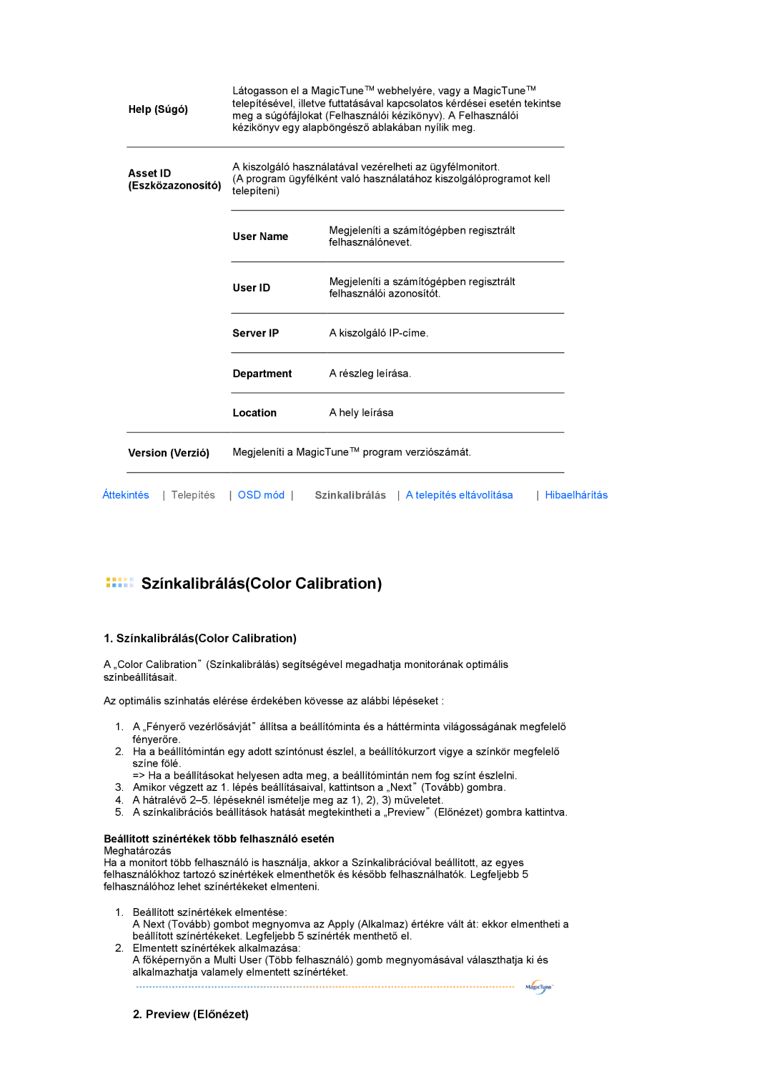 Samsung LS17TBTQSZ/EDC manual SzínkalibrálásColor Calibration, Version Verzió 