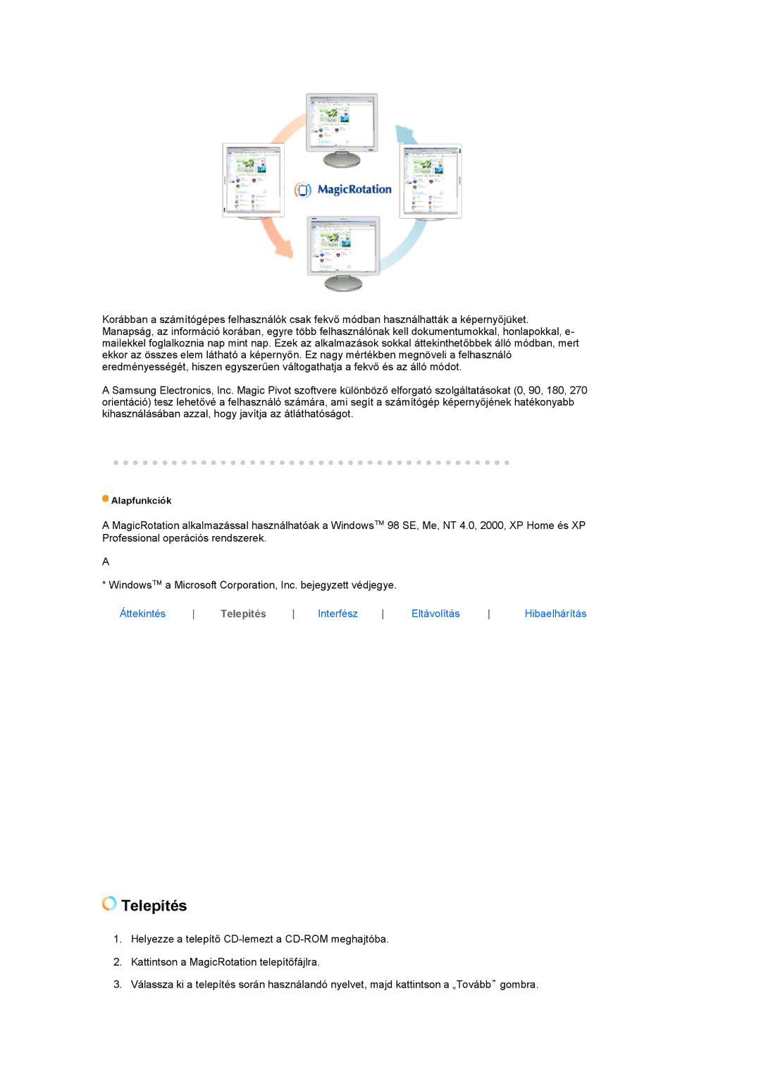 Samsung LS17TBTQSZ/EDC manual Telepítés 