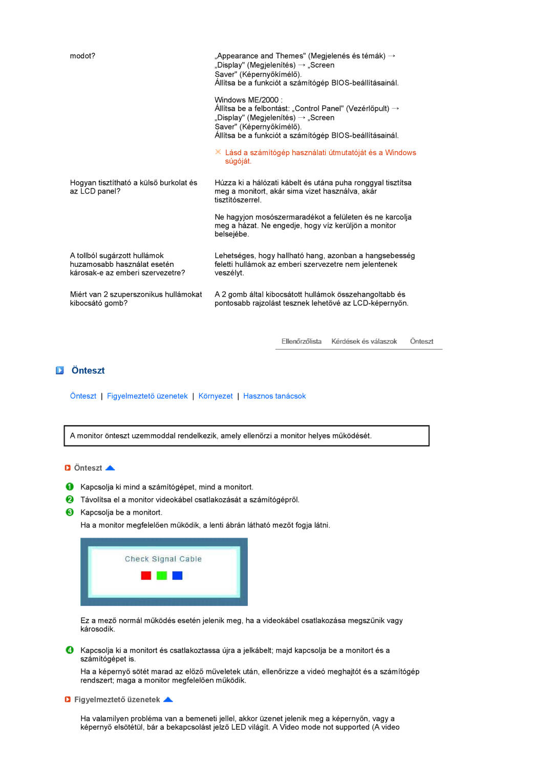 Samsung LS17TBTQSZ/EDC manual Önteszt, Figyelmeztető üzenetek 