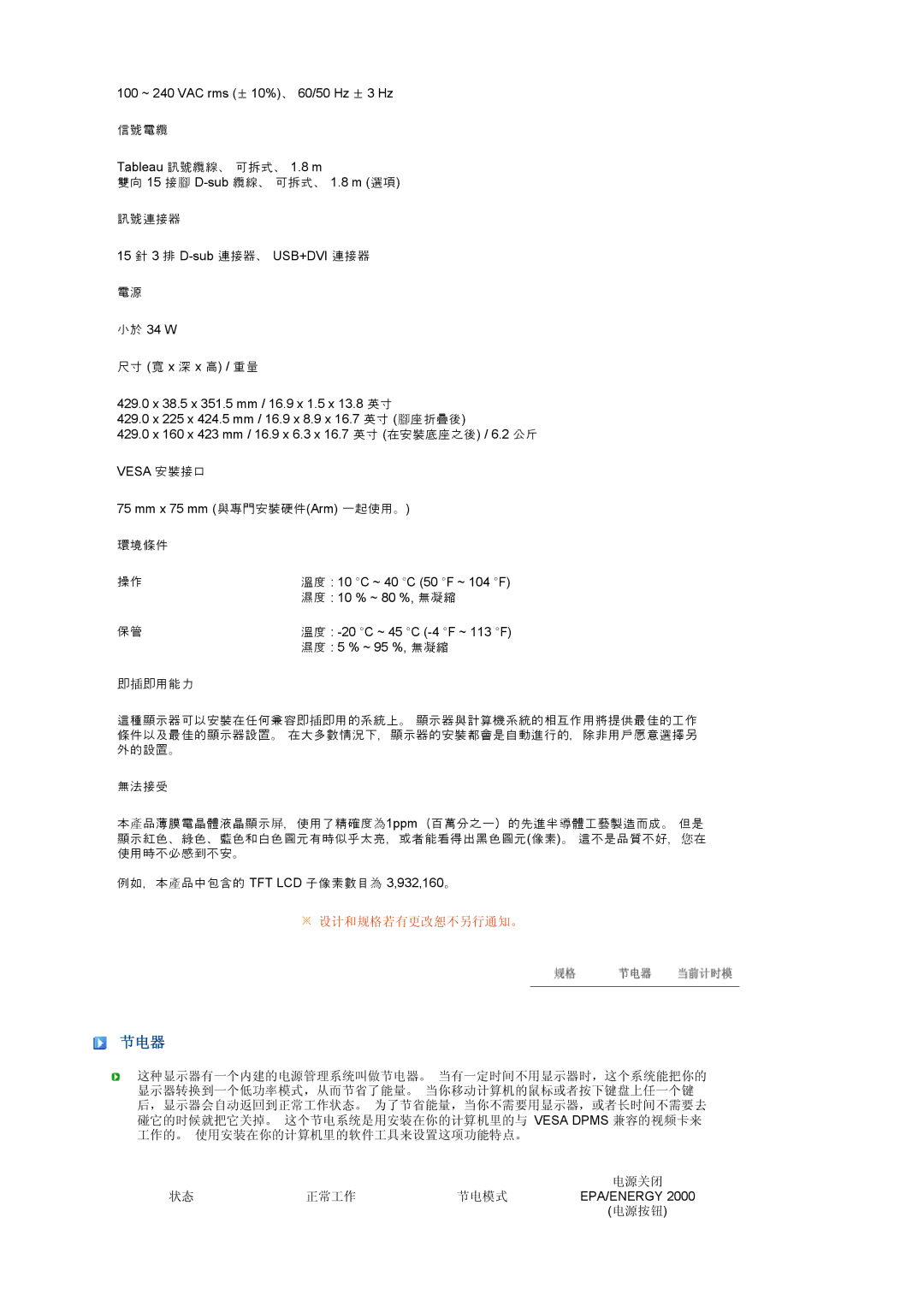 Samsung LS17TBTQSZ/EDC manual 节电器, 尺寸 寬 x 深 x 高 / 重量 