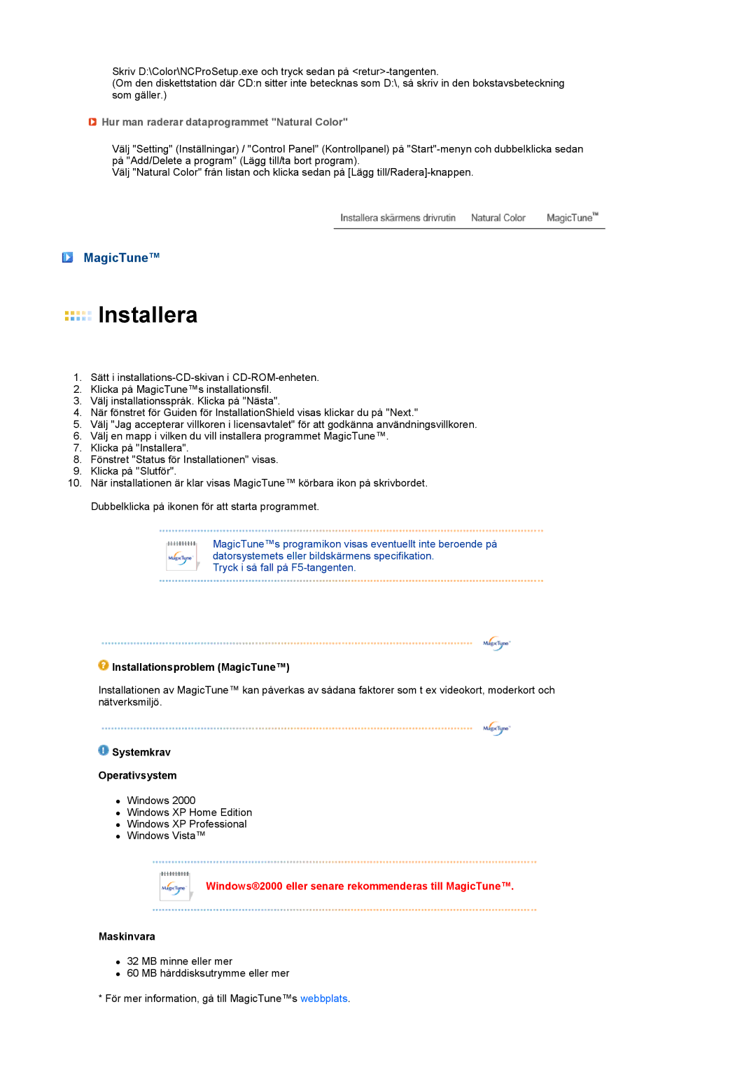 Samsung LS17TRTLS/EDC manual Hur man raderar dataprogrammet Natural Color, Installationsproblem MagicTune, Maskinvara 