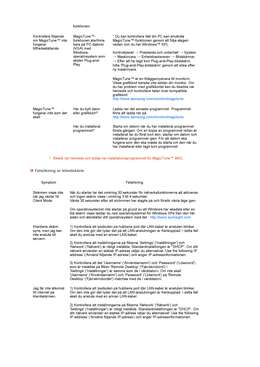 Samsung LS17TRTLS/EDC, LF19TRTLSH/EDC, LS19TRTLS/EDC manual Felsökning av klientskärm 