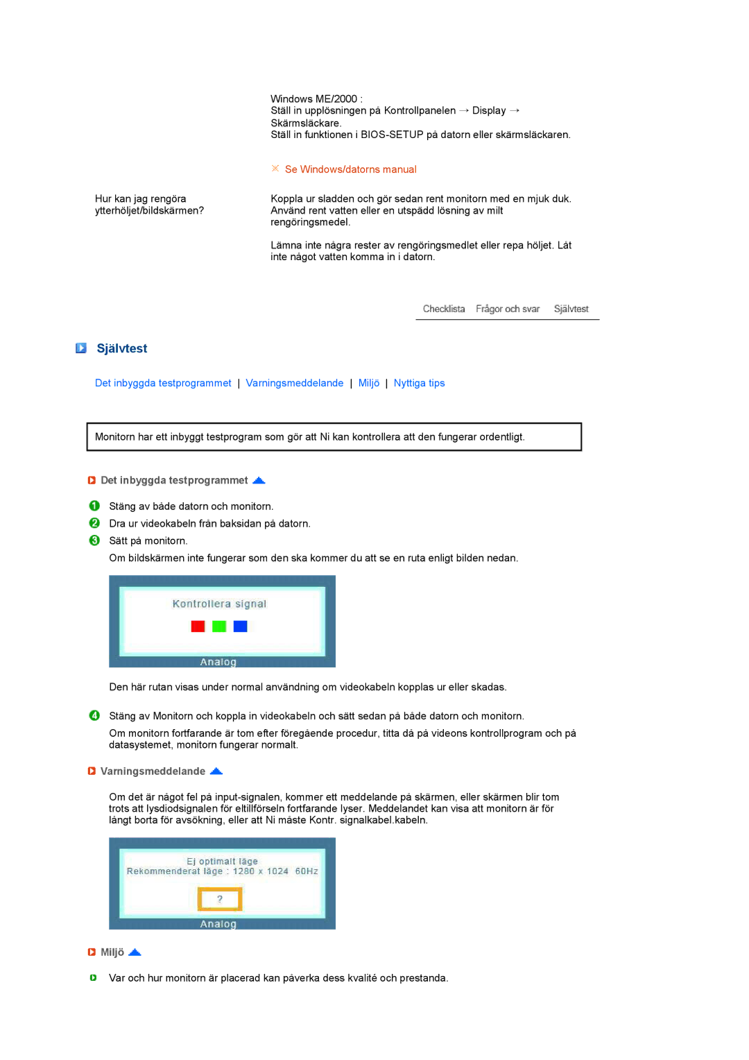 Samsung LS19TRTLS/EDC, LS17TRTLS/EDC, LF19TRTLSH/EDC manual Självtest, Det inbyggda testprogrammet, Varningsmeddelande, Miljö 