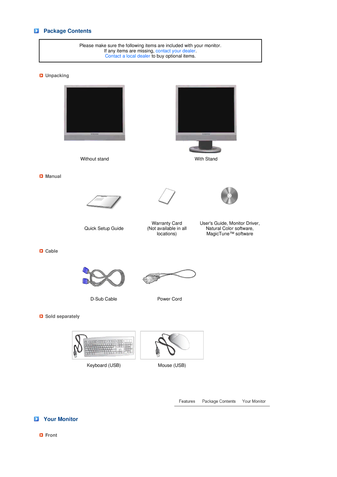 Samsung LS17TRTLS/EDC, LS17TRTLSY/EDC manual Package Contents, Your Monitor 