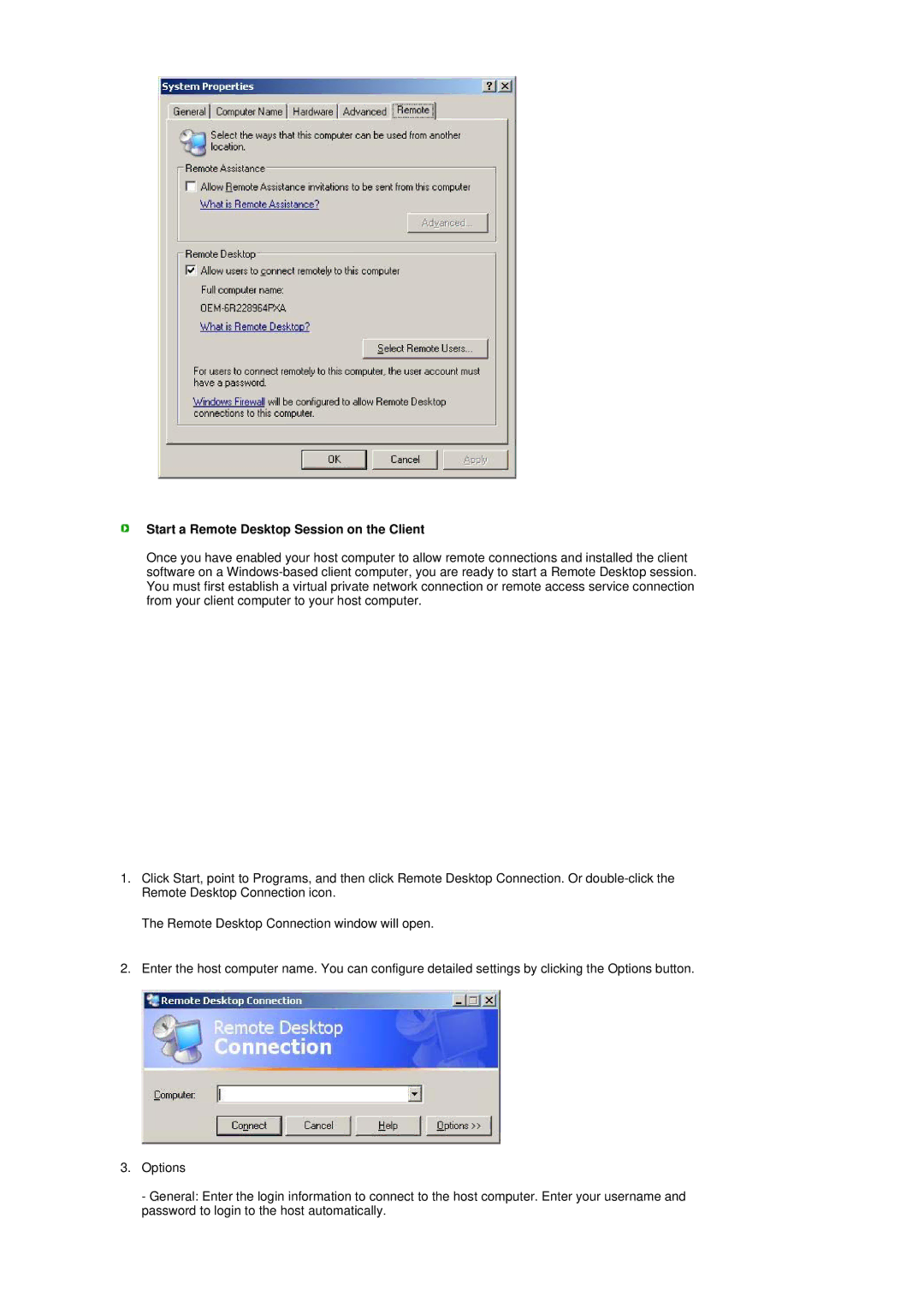 Samsung LS17TRTLS/EDC, LS17TRTLSY/EDC manual Start a Remote Desktop Session on the Client 