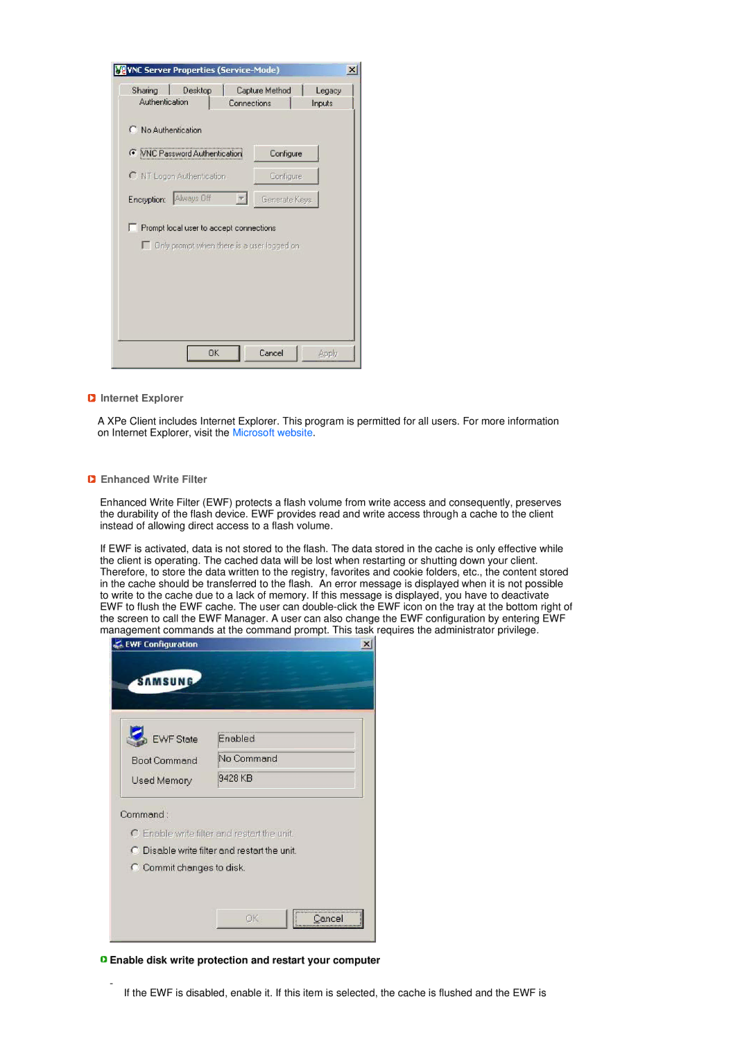 Samsung LS17TRTLS/EDC Internet Explorer, Enhanced Write Filter, Enable disk write protection and restart your computer 