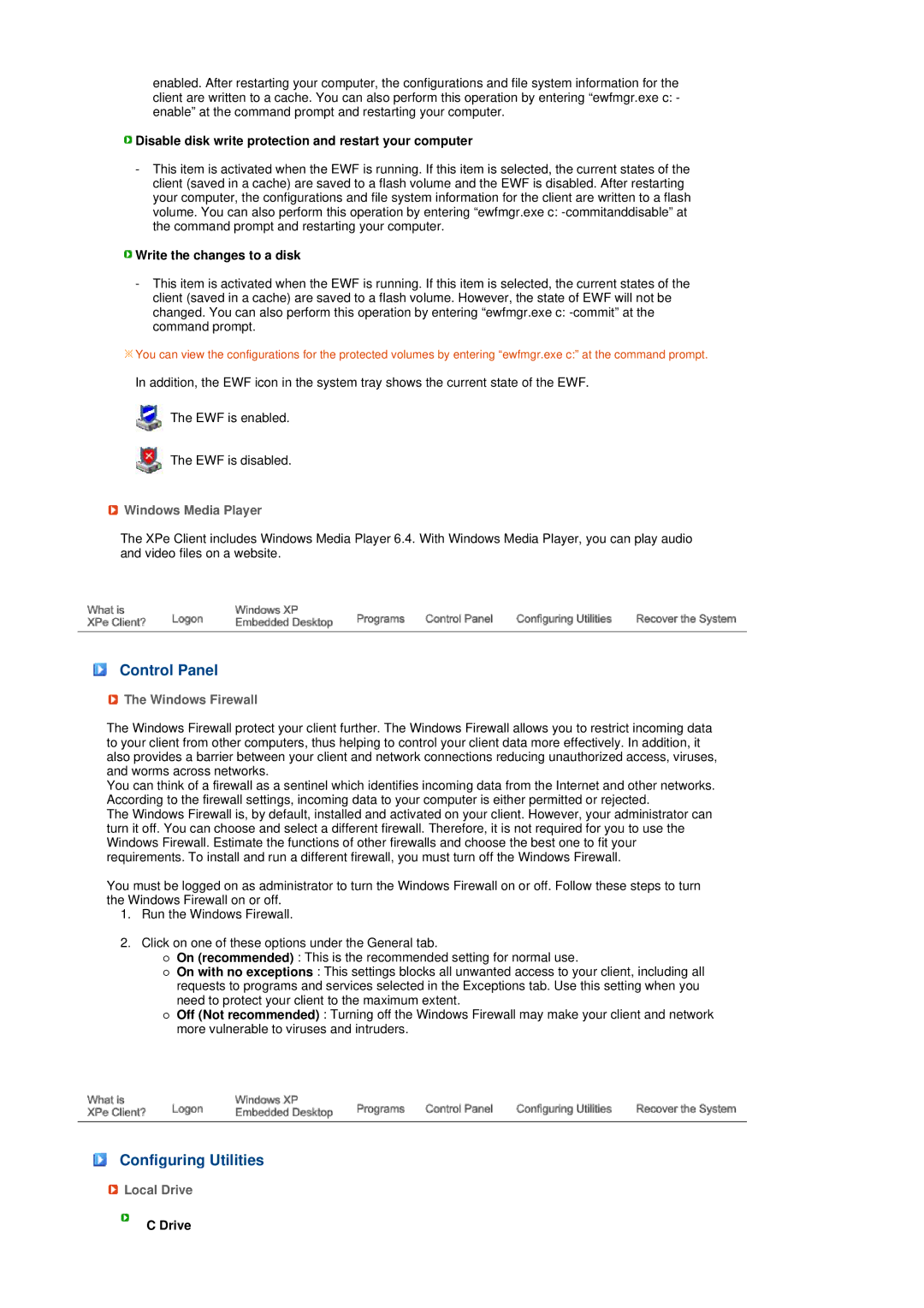 Samsung LS17TRTLSY/EDC manual Control Panel, Configuring Utilities, Windows Media Player, Windows Firewall, Local Drive 