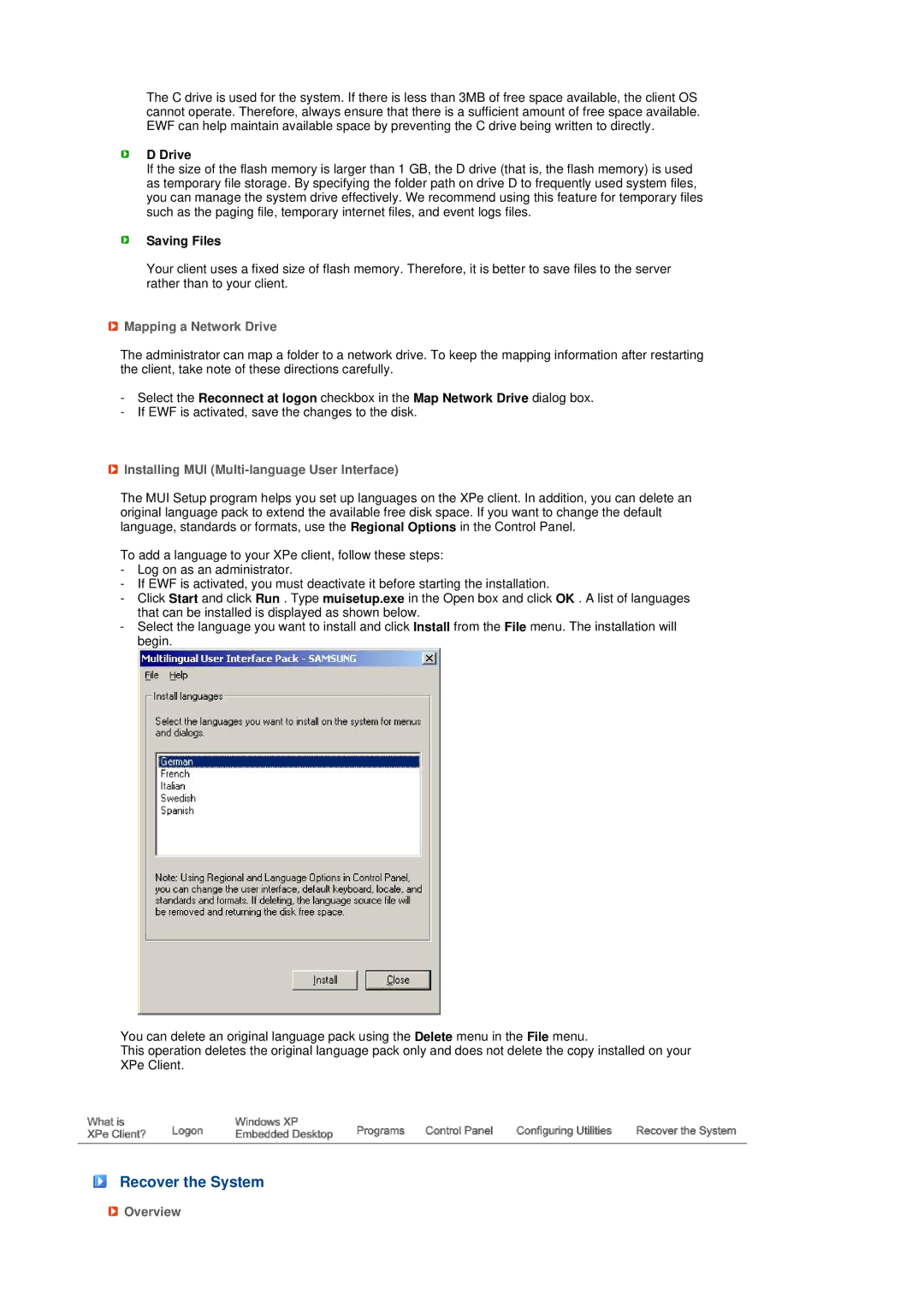 Samsung LS17TRTLS/EDC, LS17TRTLSY/EDC manual Recover the System, Saving Files, Mapping a Network Drive, Overview 