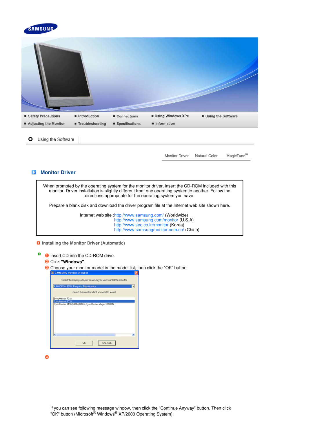 Samsung LS17TRTLS/EDC, LS17TRTLSY/EDC manual Installing the Monitor Driver Automatic, Click Windows 