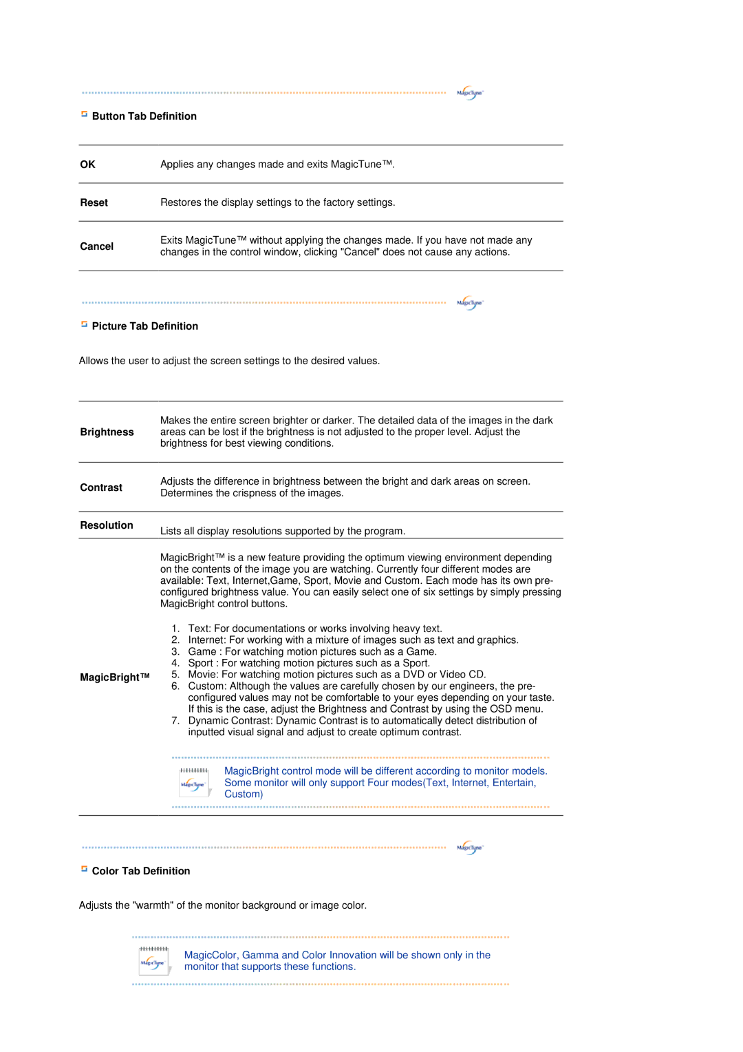 Samsung LS17TRTLS/EDC manual Button Tab Definition, Reset, Cancel, Picture Tab Definition, Brightness, Contrast, Resolution 