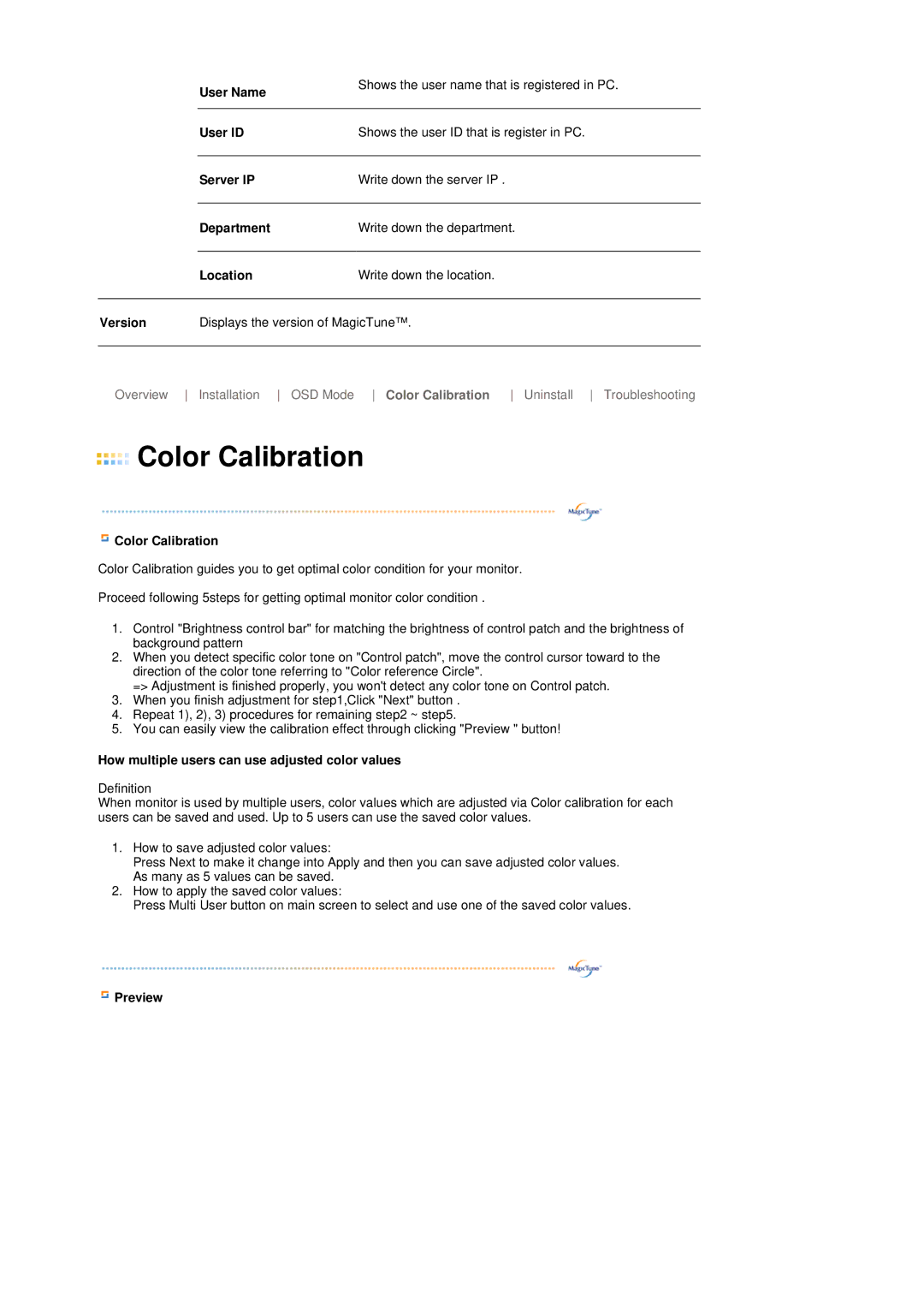 Samsung LS17TRTLSY/EDC, LS17TRTLS/EDC manual Color Calibration, How multiple users can use adjusted color values, Preview 