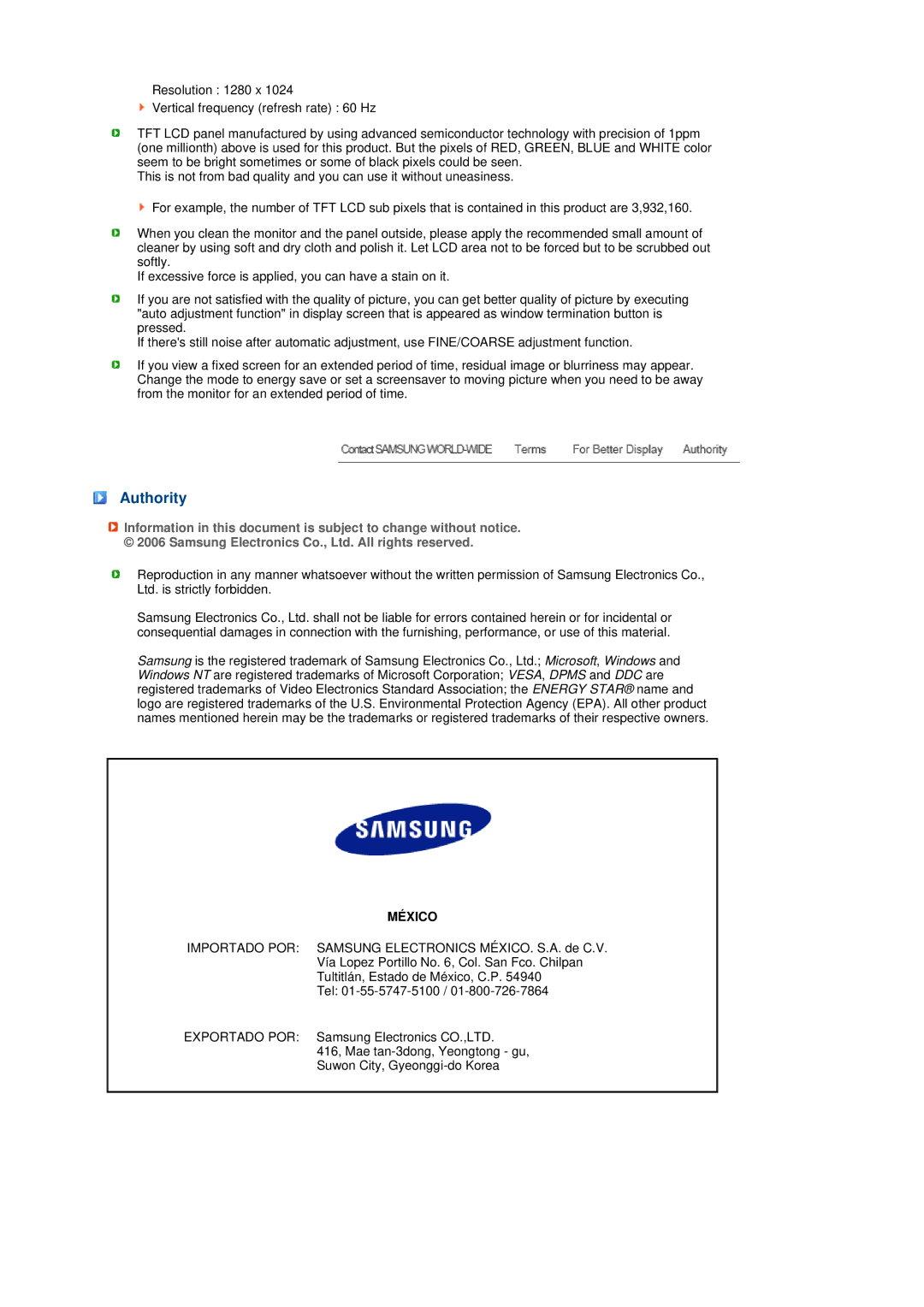 Samsung LS17TRTLS/EDC, LS17TRTLSY/EDC manual Authority, México 