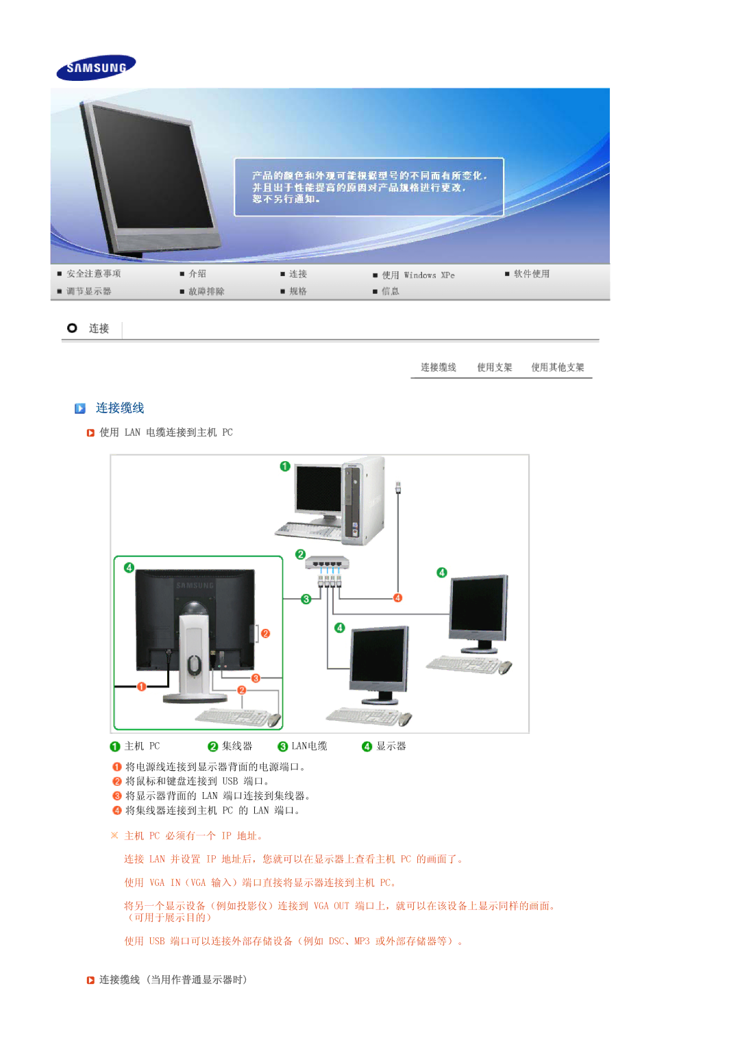 Samsung LS17TRTLS/EDC, LS19TRTLS/EDC, LS19TRTLSY/EDC manual 使用 Lan 电缆连接到主机 Pc, 连接缆线 当用作普通显示器时 