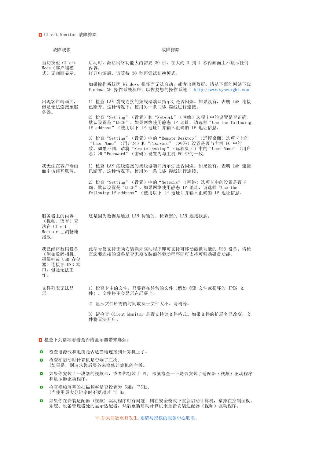 Samsung LS19TRTLS/EDC, LS17TRTLS/EDC, LS19TRTLSY/EDC manual Client Monitor 故障排除, 检查下列诸项看看是否给显示器带来麻烦： 