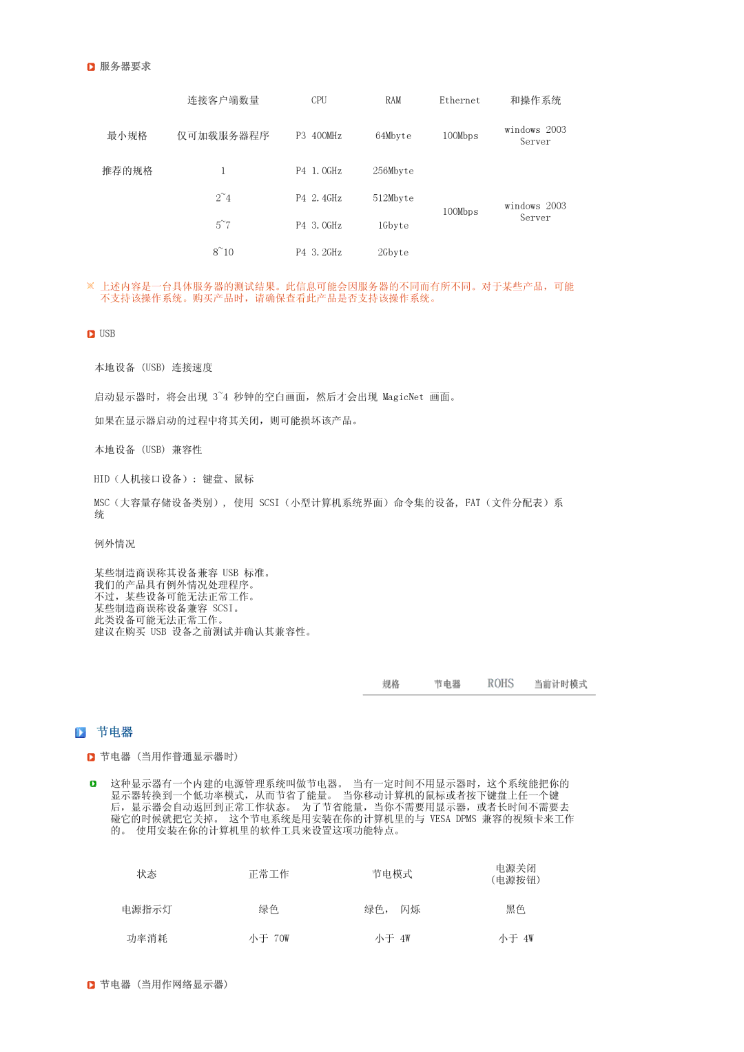 Samsung LS17TRTLS/EDC, LS19TRTLS/EDC, LS19TRTLSY/EDC manual 服务器要求, 节电器 当用作普通显示器时, 节电器 当用作网络显示器 