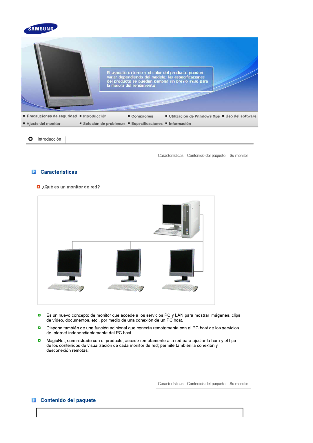 Samsung LS19TRTLS/EDC, LS17TRTLS/EDC manual Características, Contenido del paquete, ¿Qué es un monitor de red? 