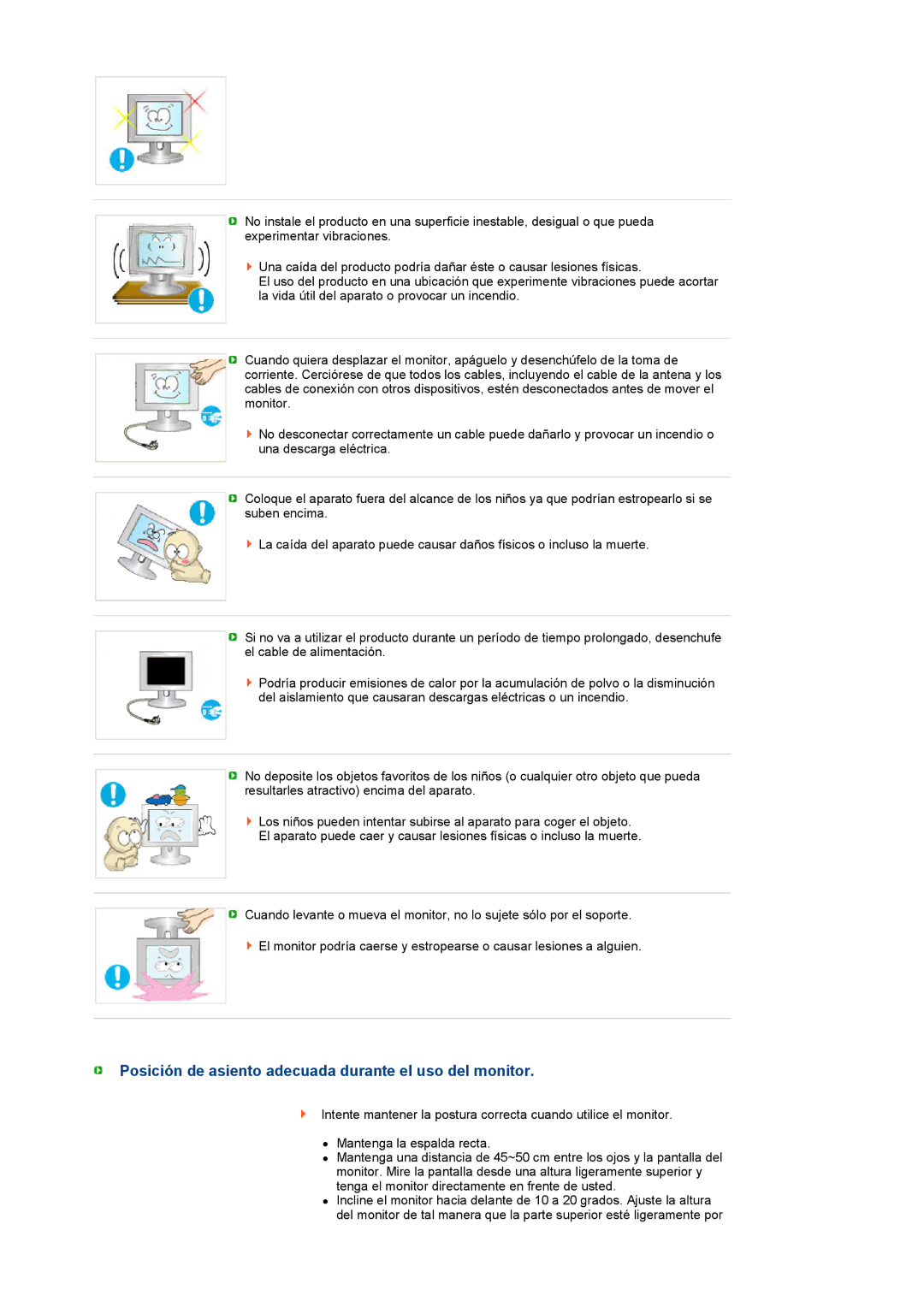 Samsung LS19TRTLS/EDC, LS17TRTLS/EDC manual Posición de asiento adecuada durante el uso del monitor 