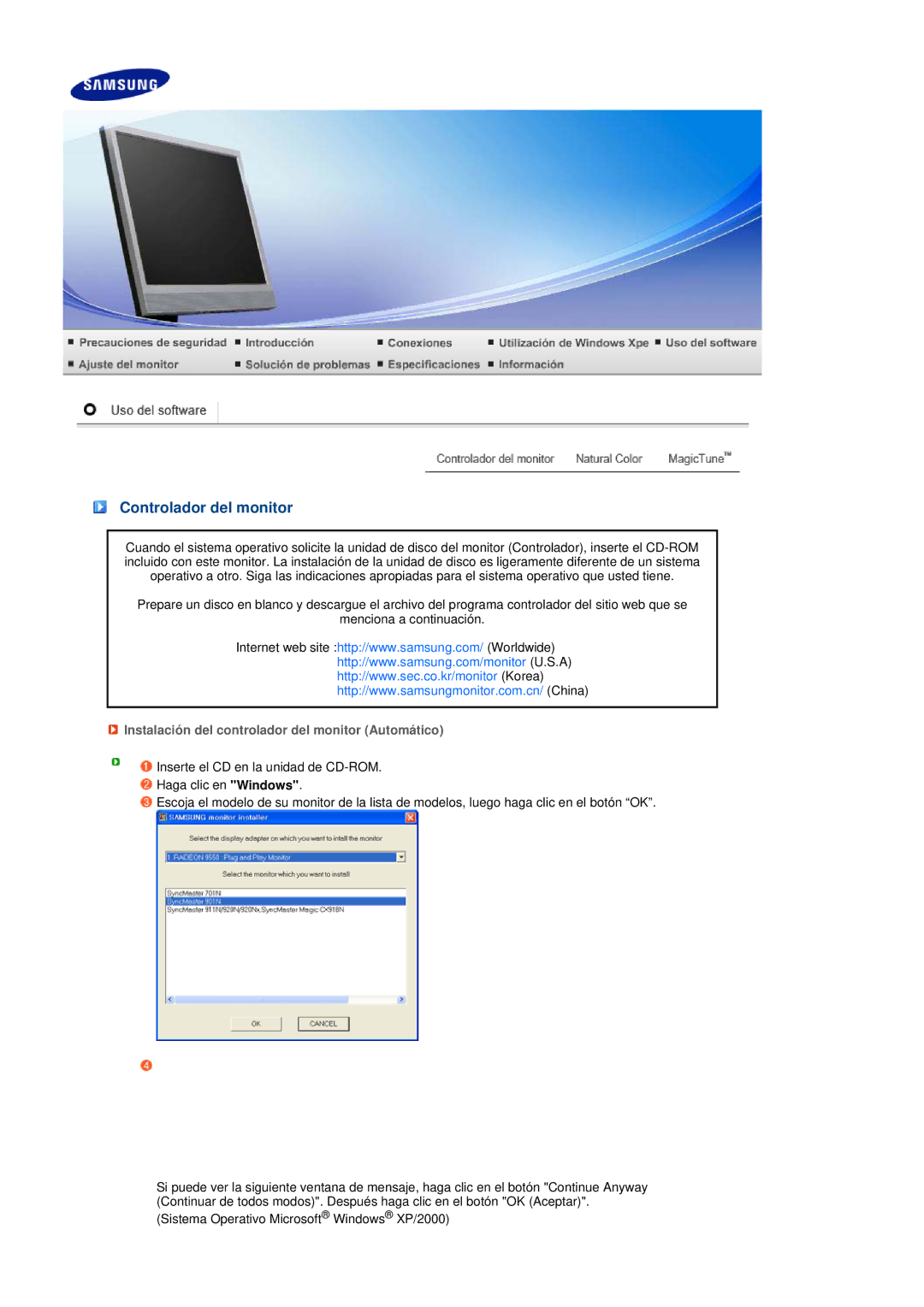 Samsung LS17TRTLS/EDC manual Controlador del monitor, Instalación del controlador del monitor Automático 