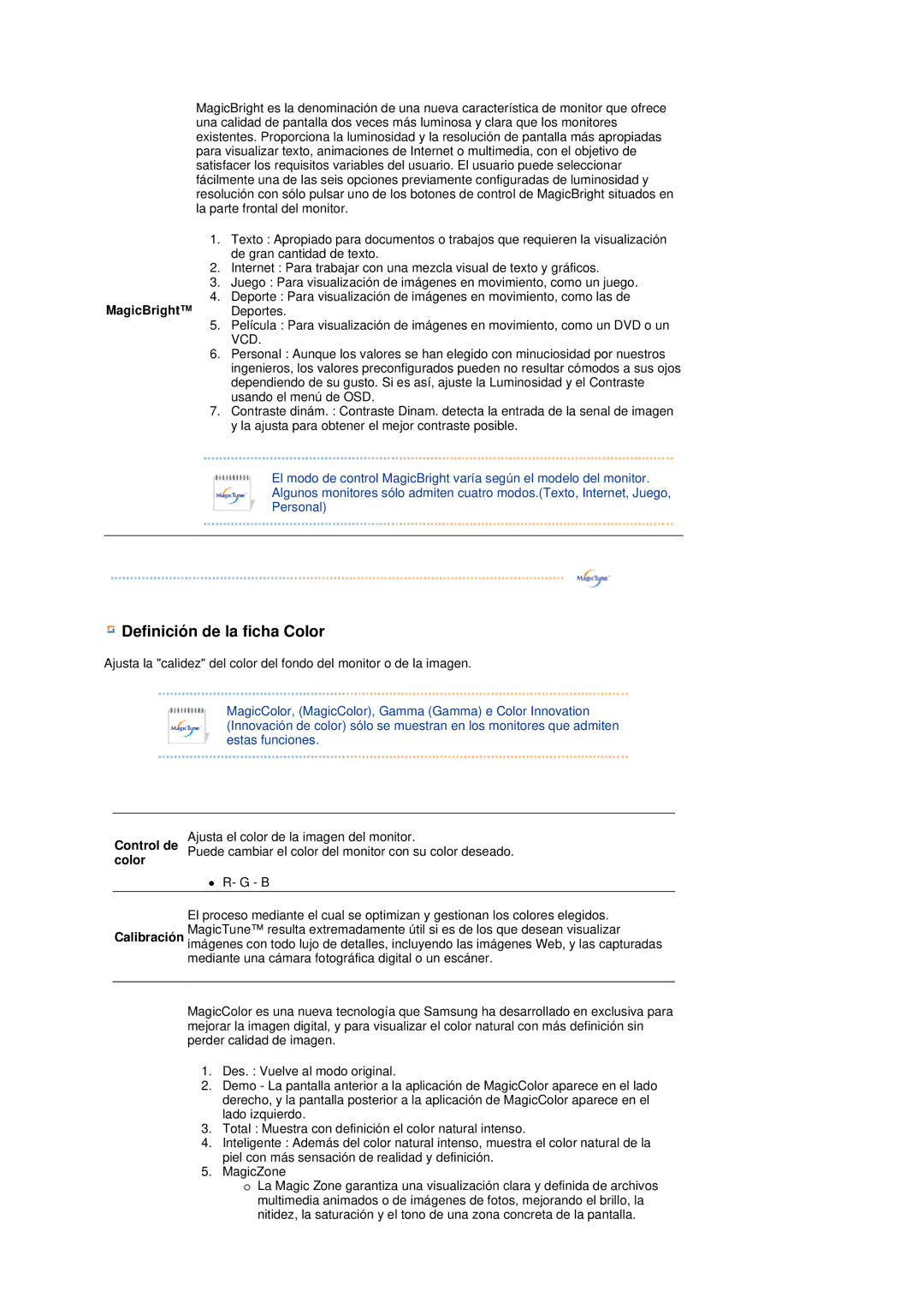 Samsung LS17TRTLS/EDC manual Definición de la ficha Color, MagicBright Deportes 