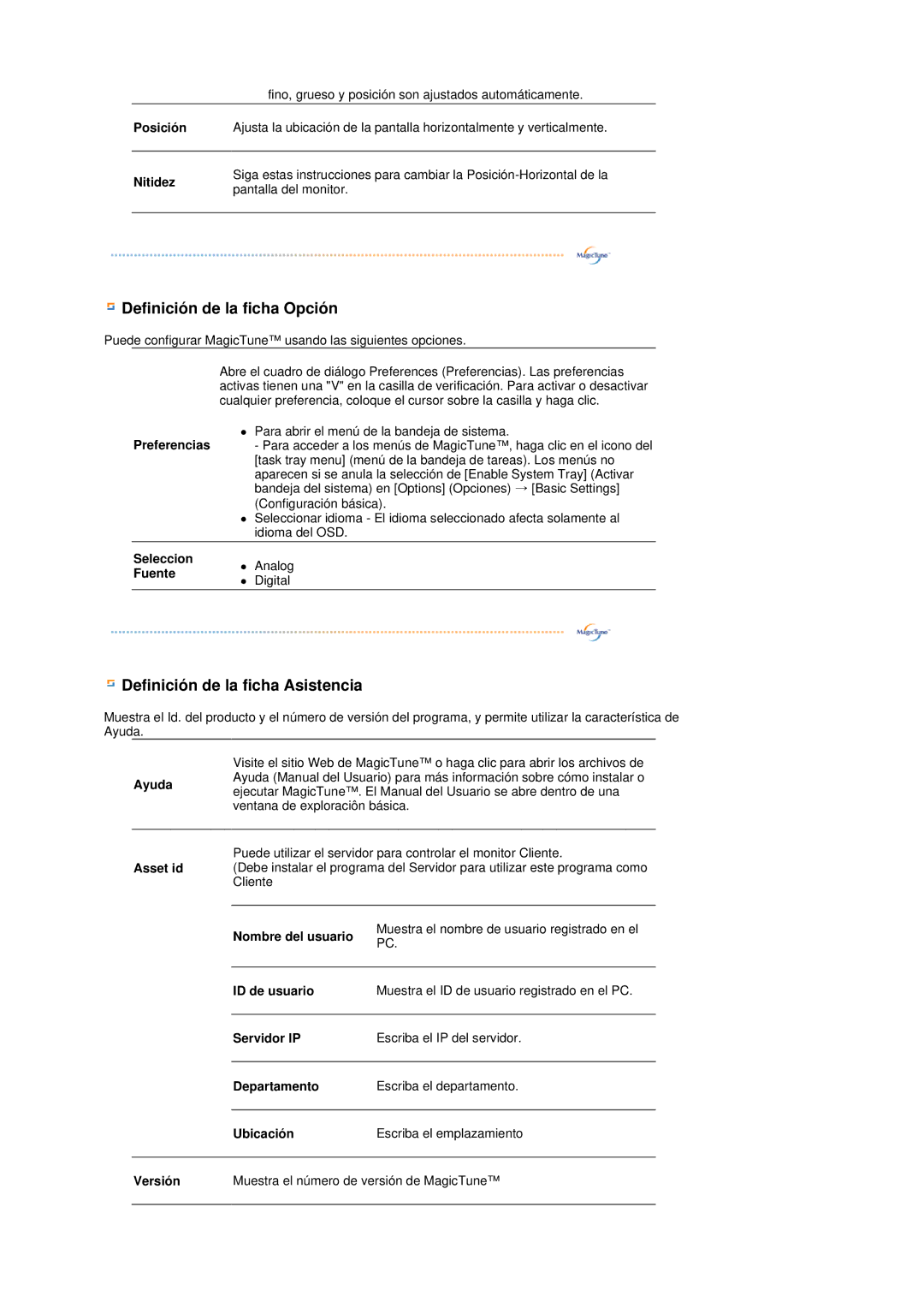 Samsung LS17TRTLS/EDC manual Posición, Nitidez, Seleccion, Fuente, Asset id, Nombre del usuario, ID de usuario, Servidor IP 