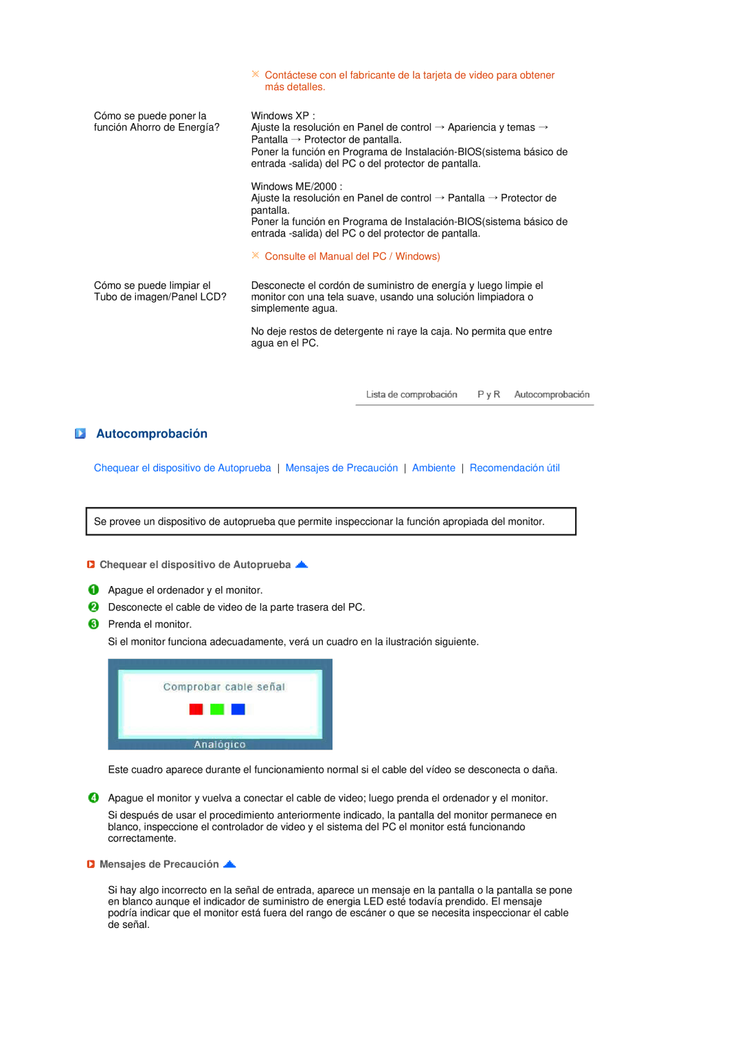 Samsung LS17TRTLS/EDC manual Autocomprobación, Chequear el dispositivo de Autoprueba, Mensajes de Precaución 