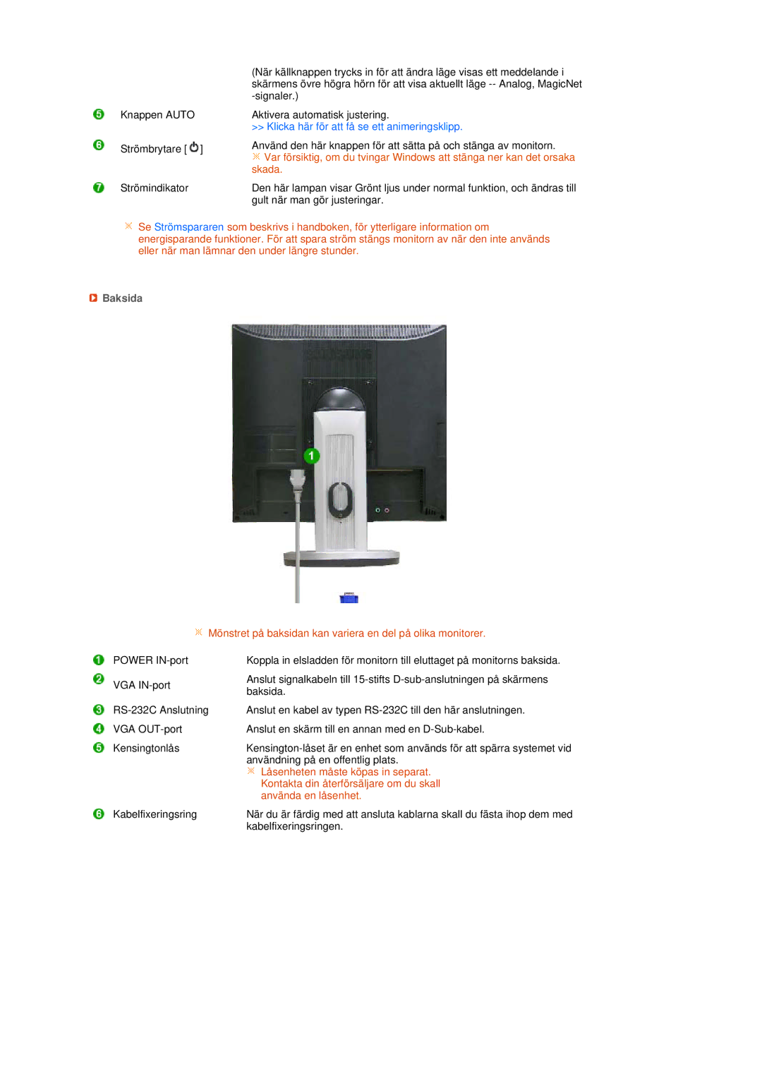 Samsung LS17TRTLS/EDC manual Baksida, Mönstret på baksidan kan variera en del på olika monitorer 