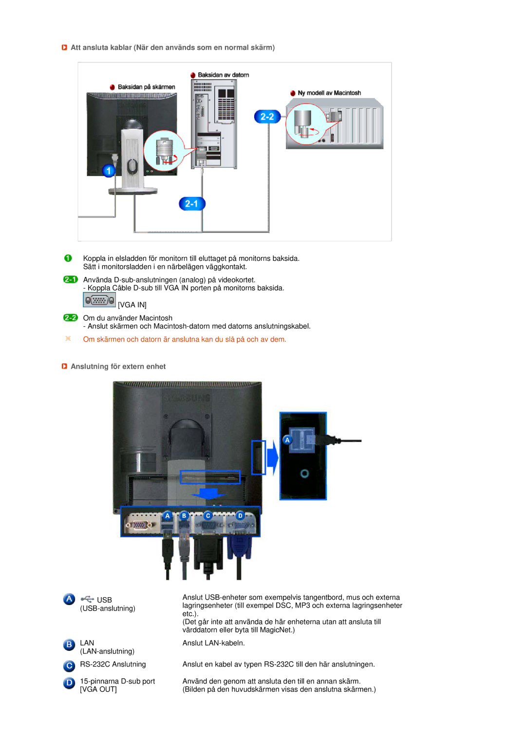 Samsung LS17TRTLS/EDC manual Att ansluta kablar När den används som en normal skärm, Anslutning för extern enhet 