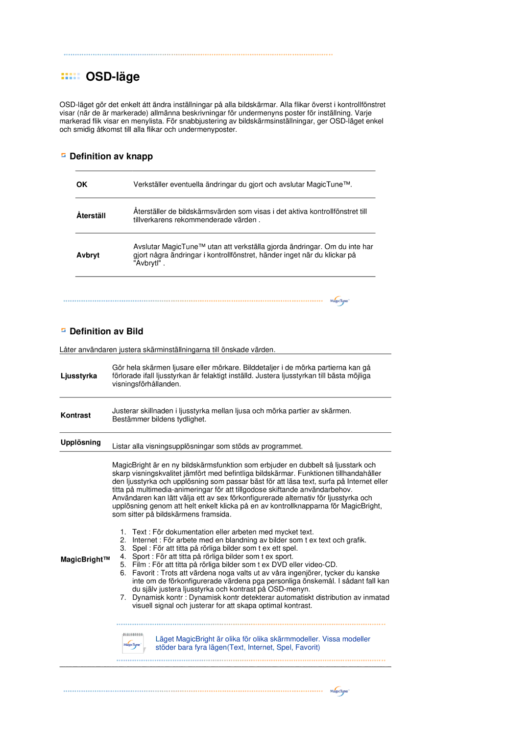 Samsung LS17TRTLS/EDC manual Återställ, Avbryt, Kontrast, Upplösning, MagicBright 