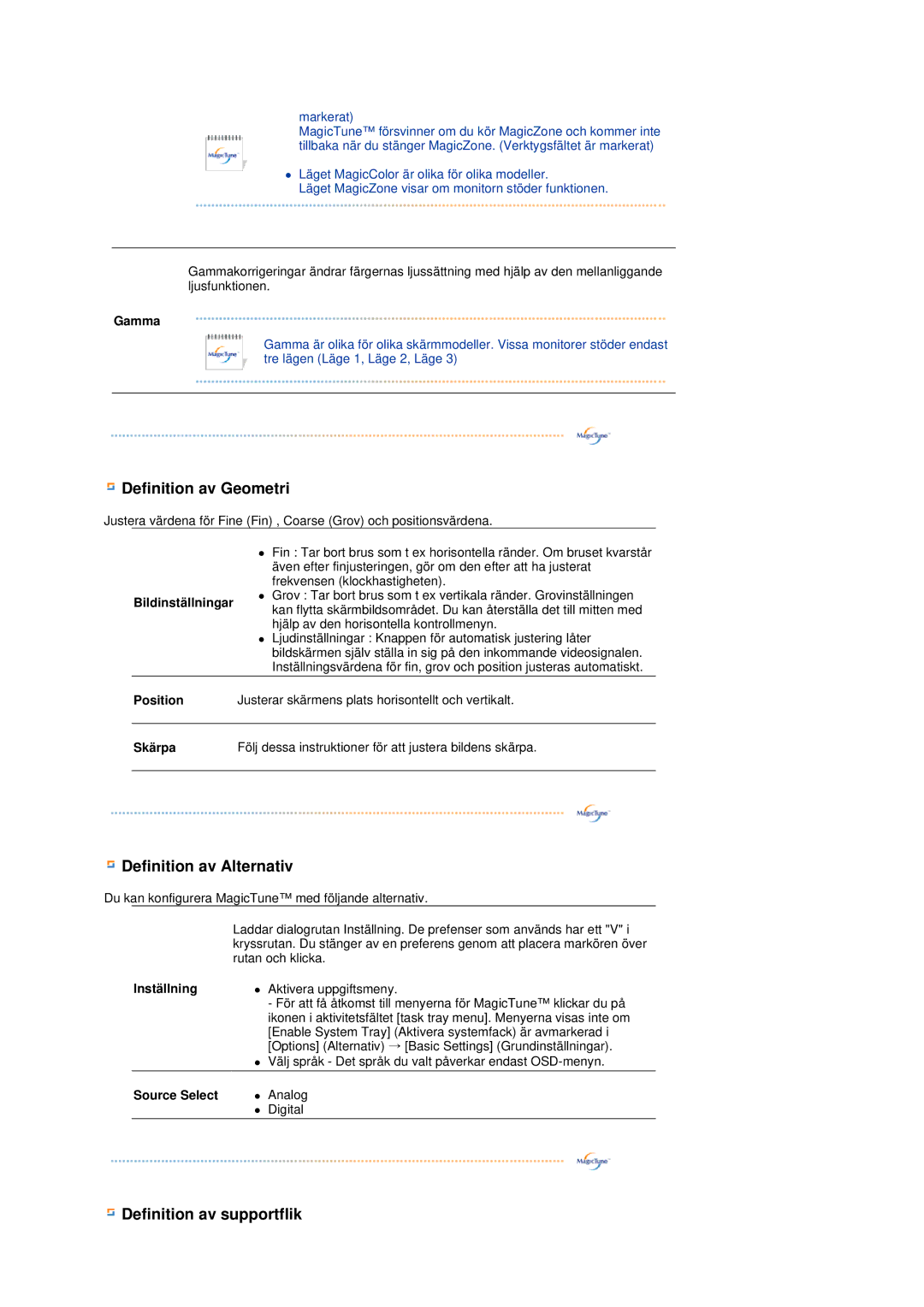 Samsung LS17TRTLS/EDC manual Gamma, Bildinställningar, Position, Skärpa, Inställning, Source Select 