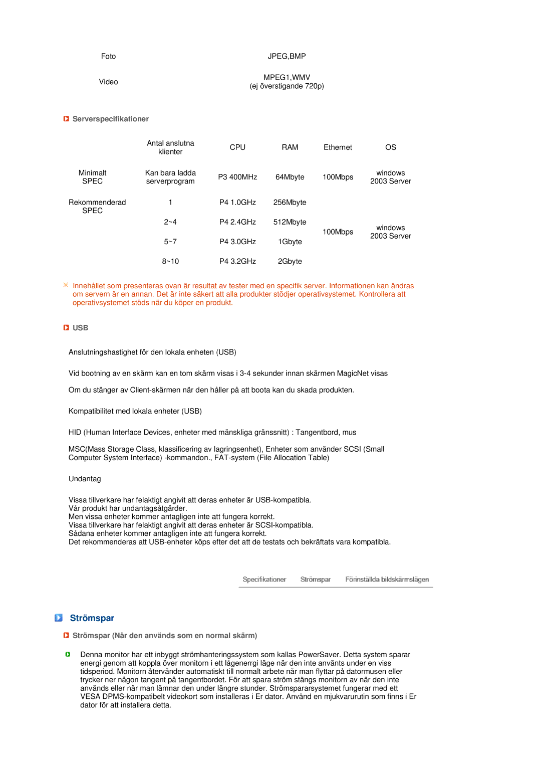 Samsung LS17TRTLS/EDC manual Serverspecifikationer, Strömspar När den används som en normal skärm 