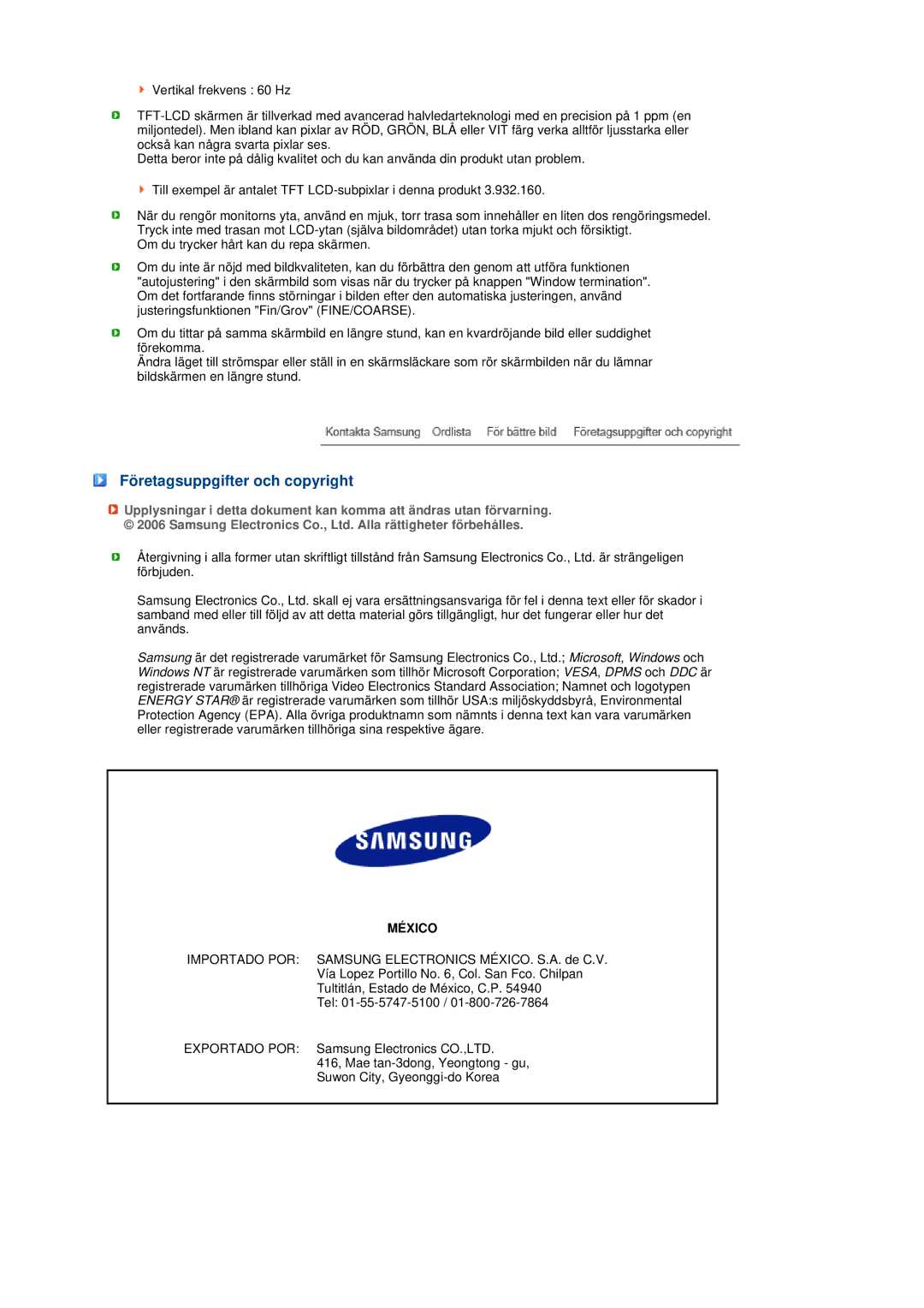 Samsung LS17TRTLS/EDC manual Företagsuppgifter och copyright, México 