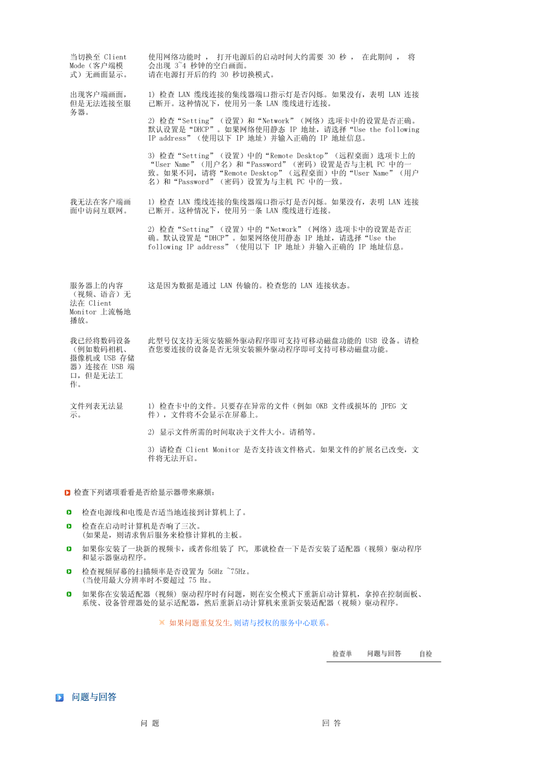 Samsung LS17TRTLS/EDC manual 问题与回答, 检查下列诸项看看是否给显示器带来麻烦： 