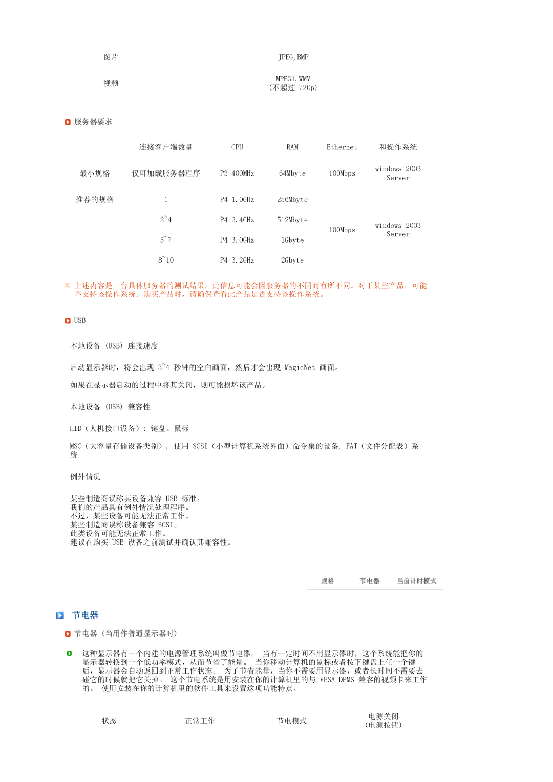 Samsung LS17TRTLS/EDC manual 服务器要求, 节电器 当用作普通显示器时 