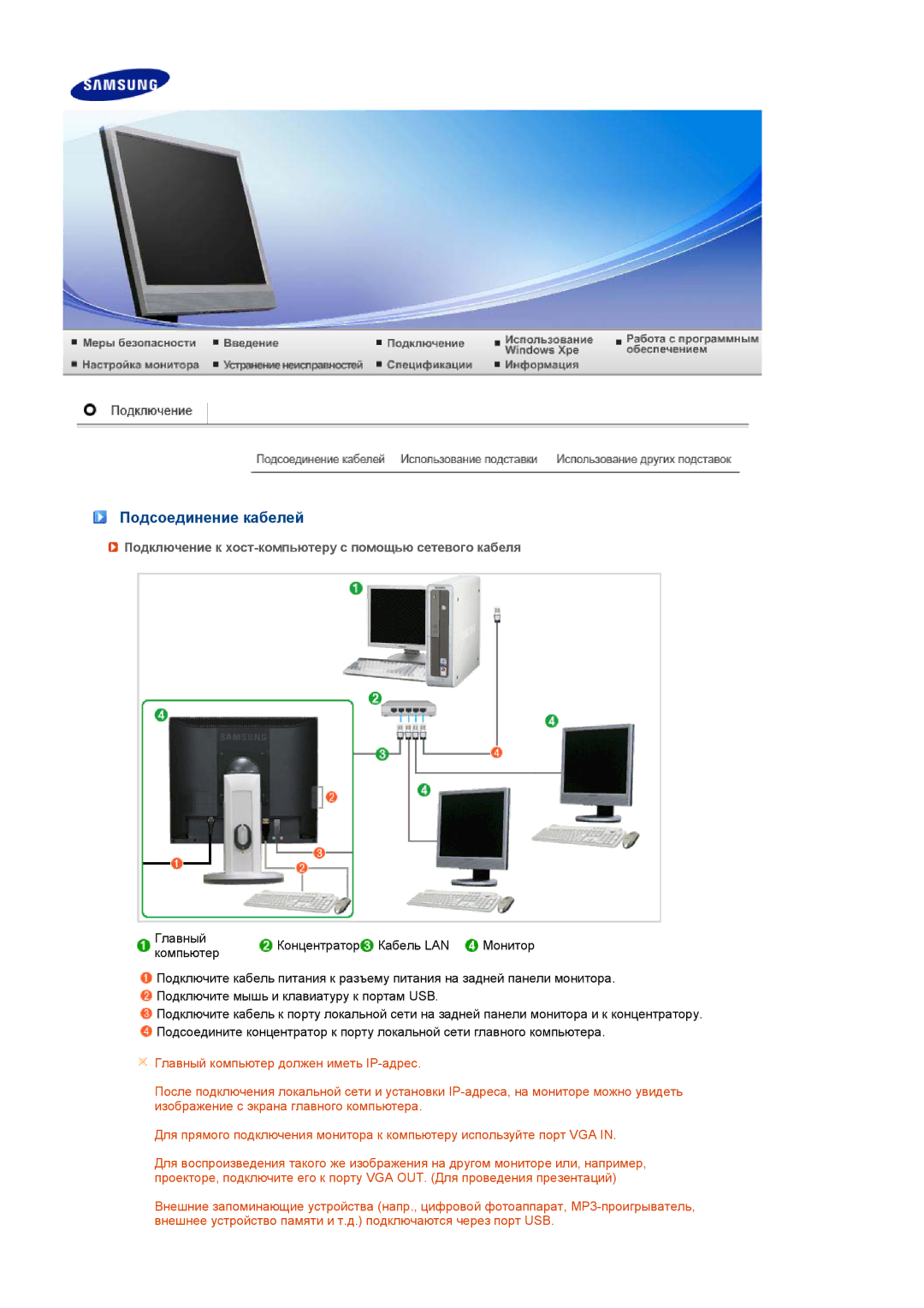 Samsung LS17TRTLS/EDC manual Подсоединение кабелей, Подключение к хост-компьютеру с помощью сетевого кабеля 