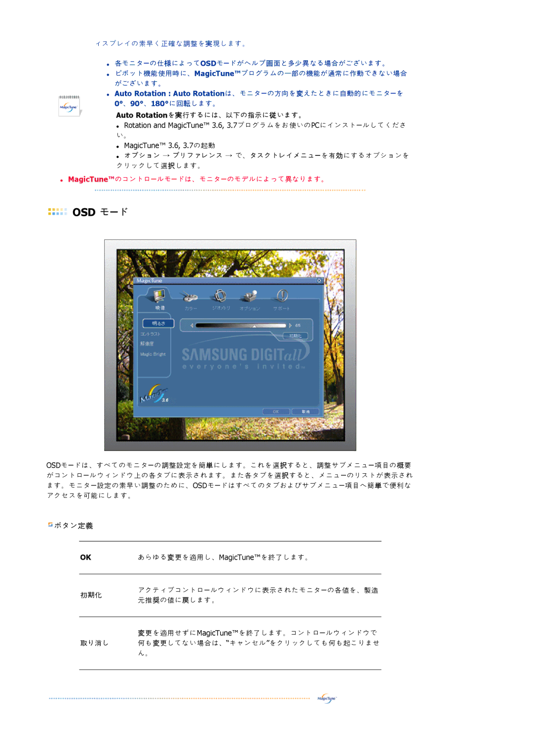 Samsung LS17VDPXH1/XSJ manual マモチ設定, Auto Rotationを実行ににには、以以の指表に従いでに。, ビプンンチ → プユユイデチデ → で、モデグプデデメモチーを有効にににビプンンチを, 初初化 