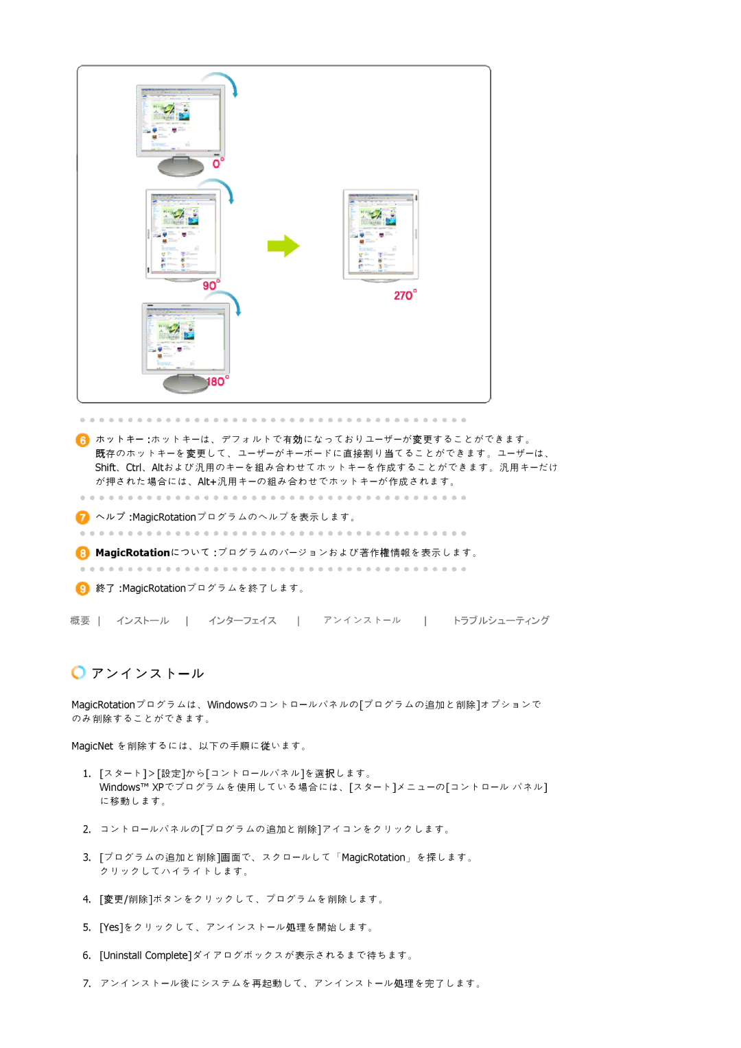 Samsung LS19VDPXH1/XSJ, LS17VDPXH1/XSJ, LS19VDPXHV/XSJ, LS17VDPXHV/XSJ manual 終完 MagicRotationププグカプを終完しでに。 