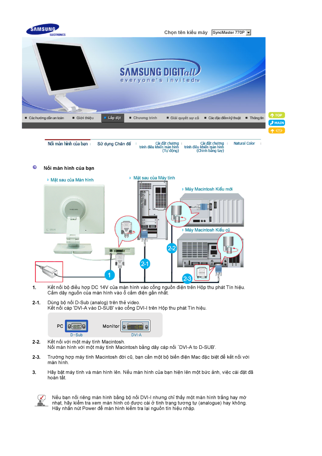 Samsung LS17VDPXHQ/XSA, LS17VDPXHQ/VNT, LS19VDPXHQ/VNT manual Chọn tên kiểu máy SyncMaster 770P, Nối màn hình của bạn 