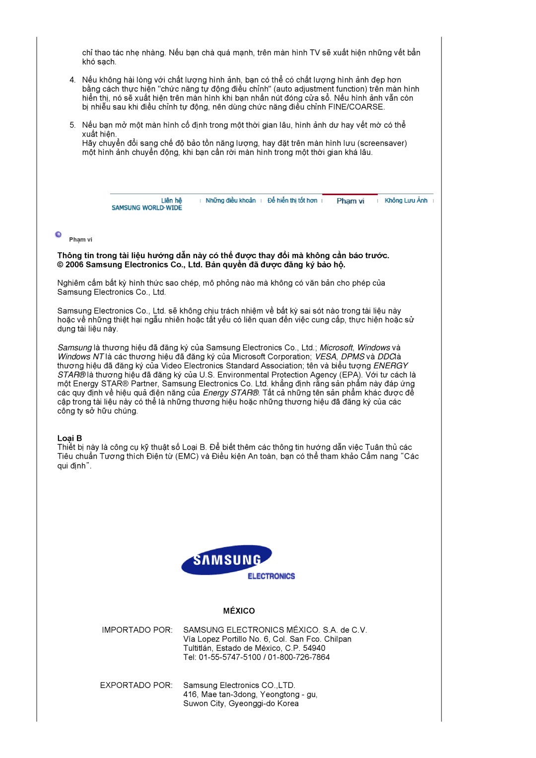 Samsung LS17VDPXFV/XSA, LS17VDPXHQ/VNT, LS19VDPXHQ/VNT, LS19VDPXFV/VNT, LS17VDPXHQ/XSA manual Loại B, México 