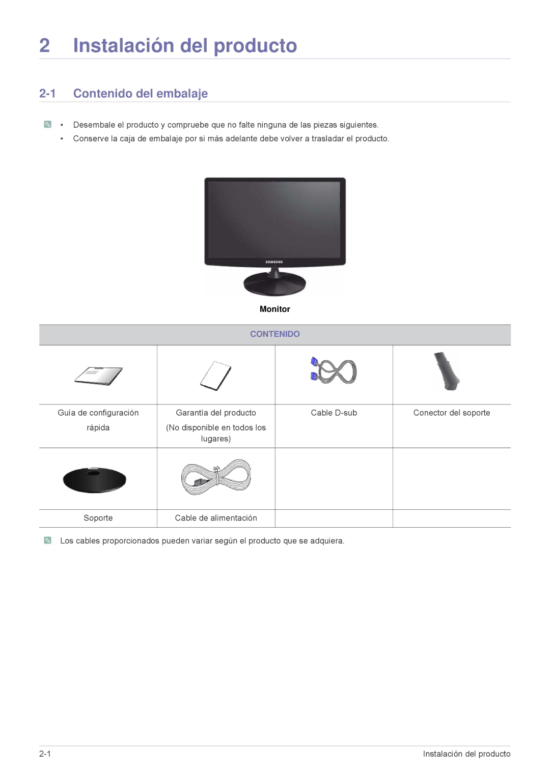 Samsung LS19A10NS/EN manual Instalación del producto, Contenido del embalaje 