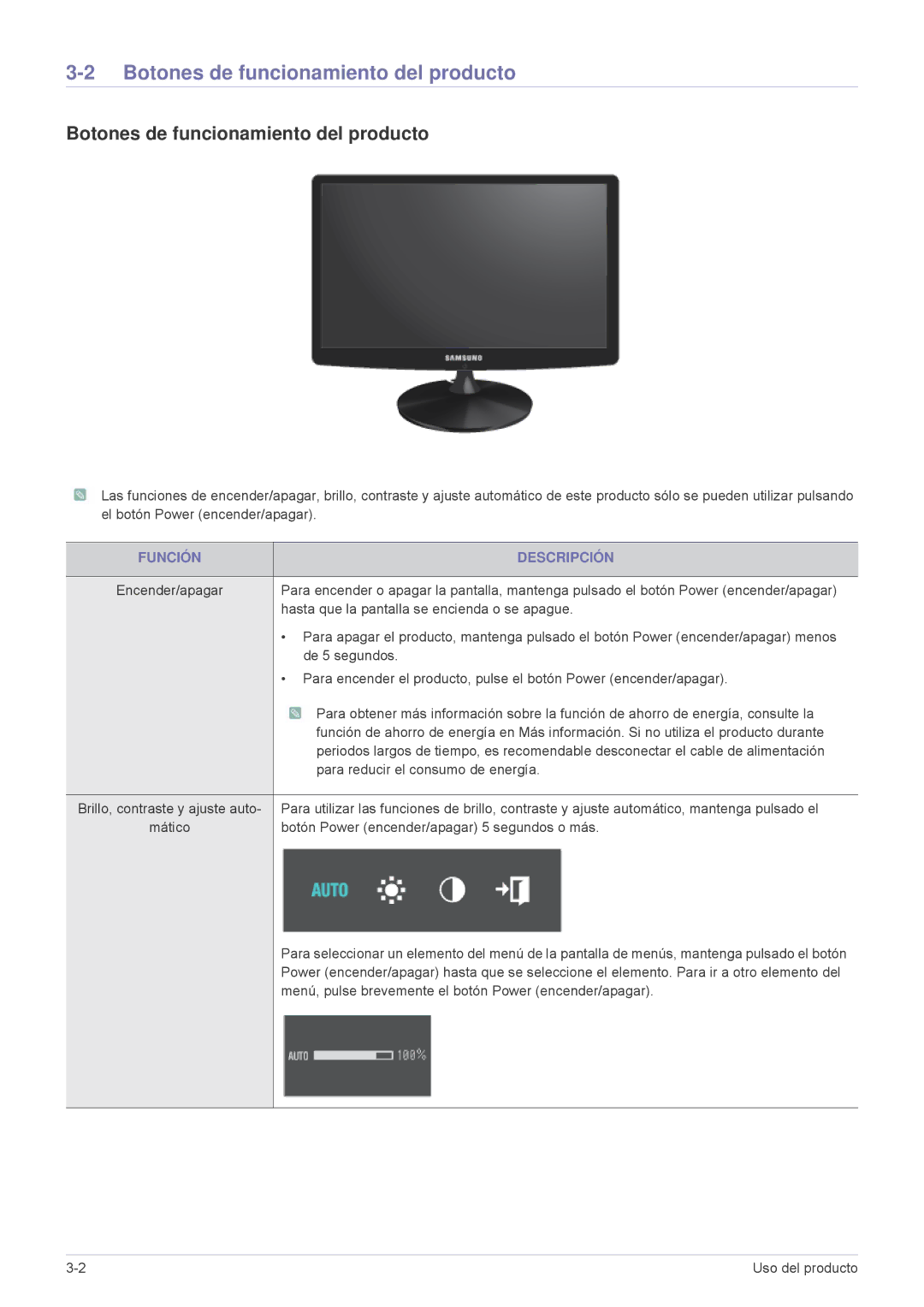 Samsung LS19A10NS/EN manual Botones de funcionamiento del producto, Función Descripción 