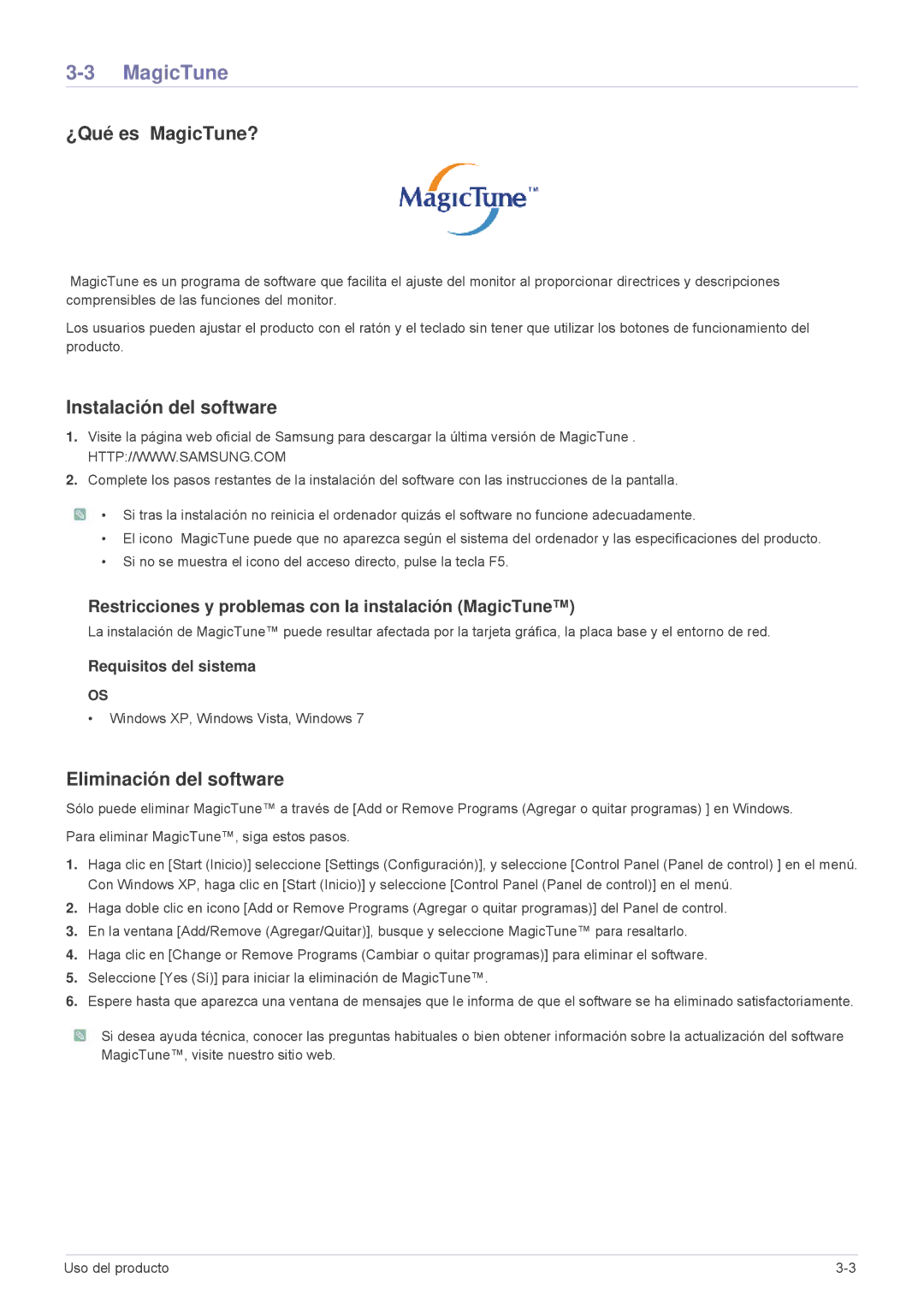 Samsung LS19A10NS/EN manual ¿Qué es MagicTune?, Instalación del software, Eliminación del software 