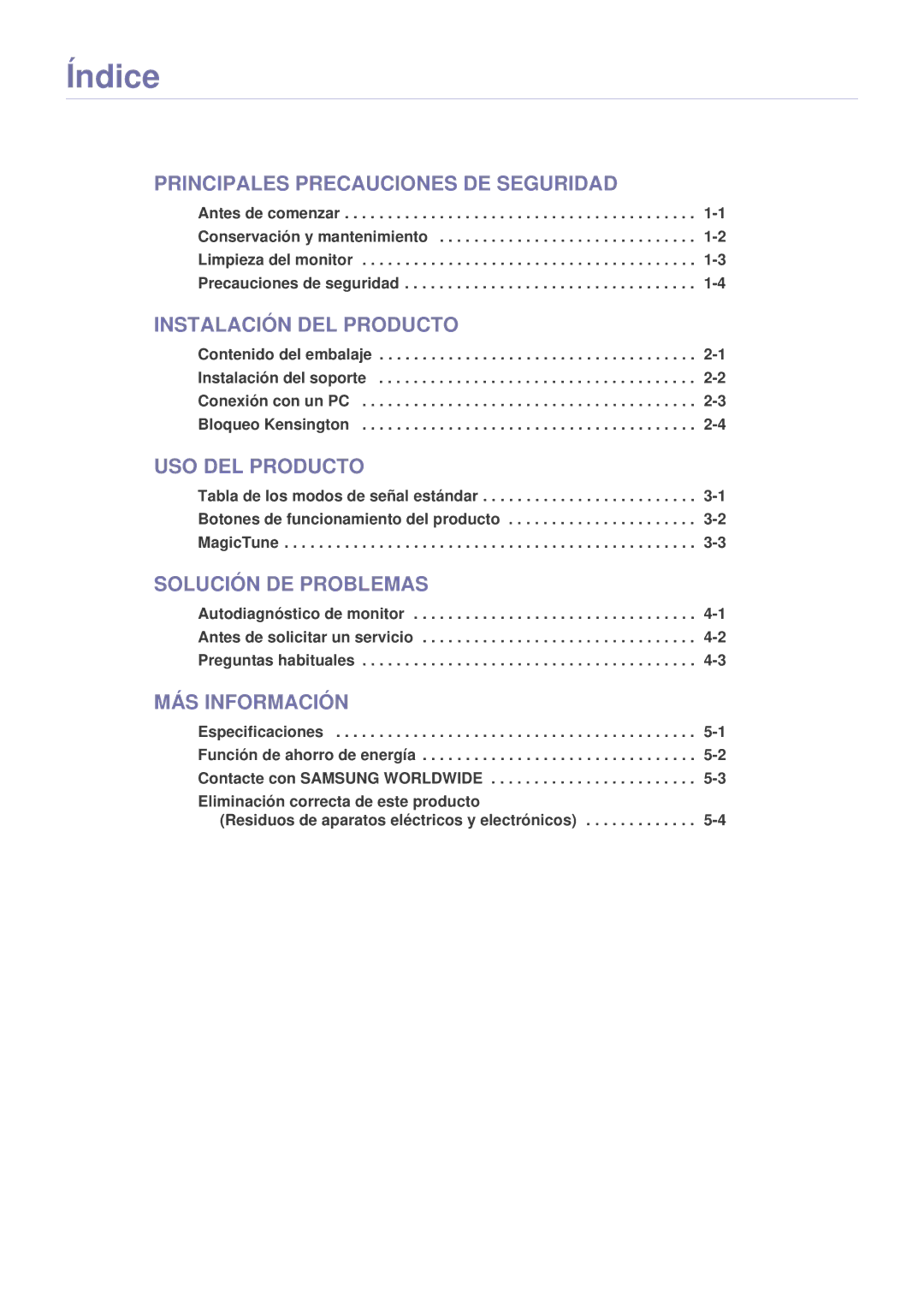 Samsung LS19A10NS/EN manual Índice, Principales Precauciones DE Seguridad 