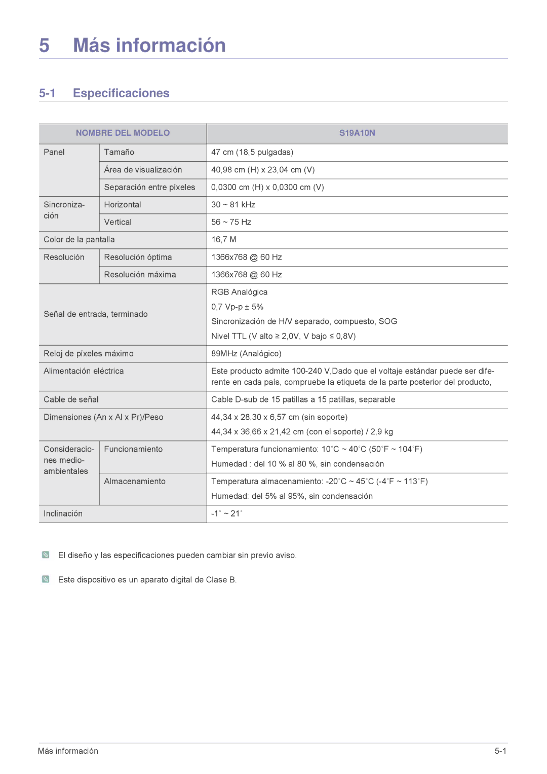 Samsung LS19A10NS/EN manual Más información, Especificaciones, Nombre DEL Modelo 