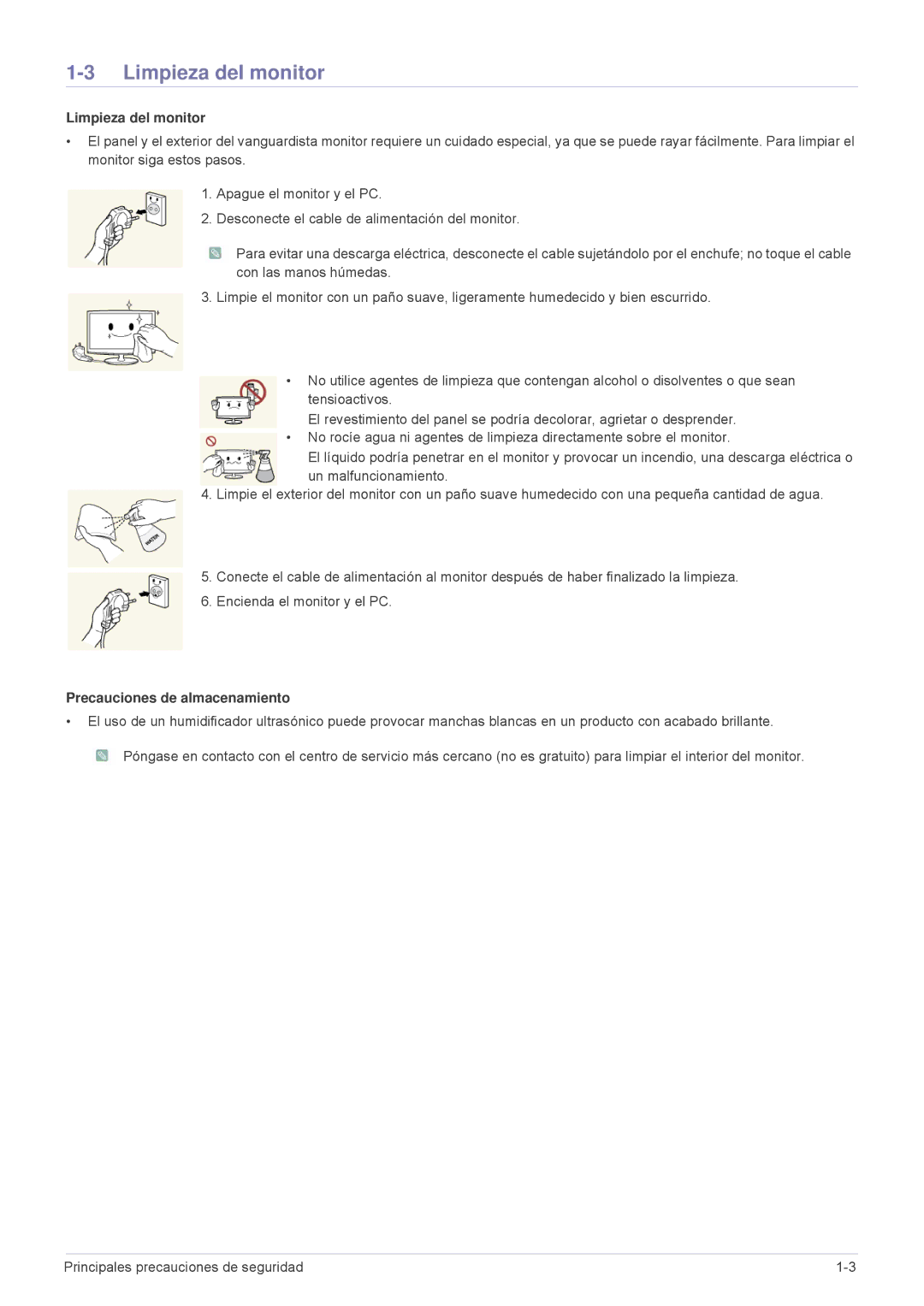 Samsung LS19A10NS/EN manual Limpieza del monitor, Precauciones de almacenamiento 