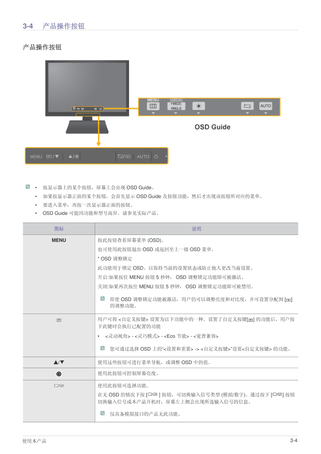 Samsung LS19A200BWT/EN manual 4产品操作按钮 